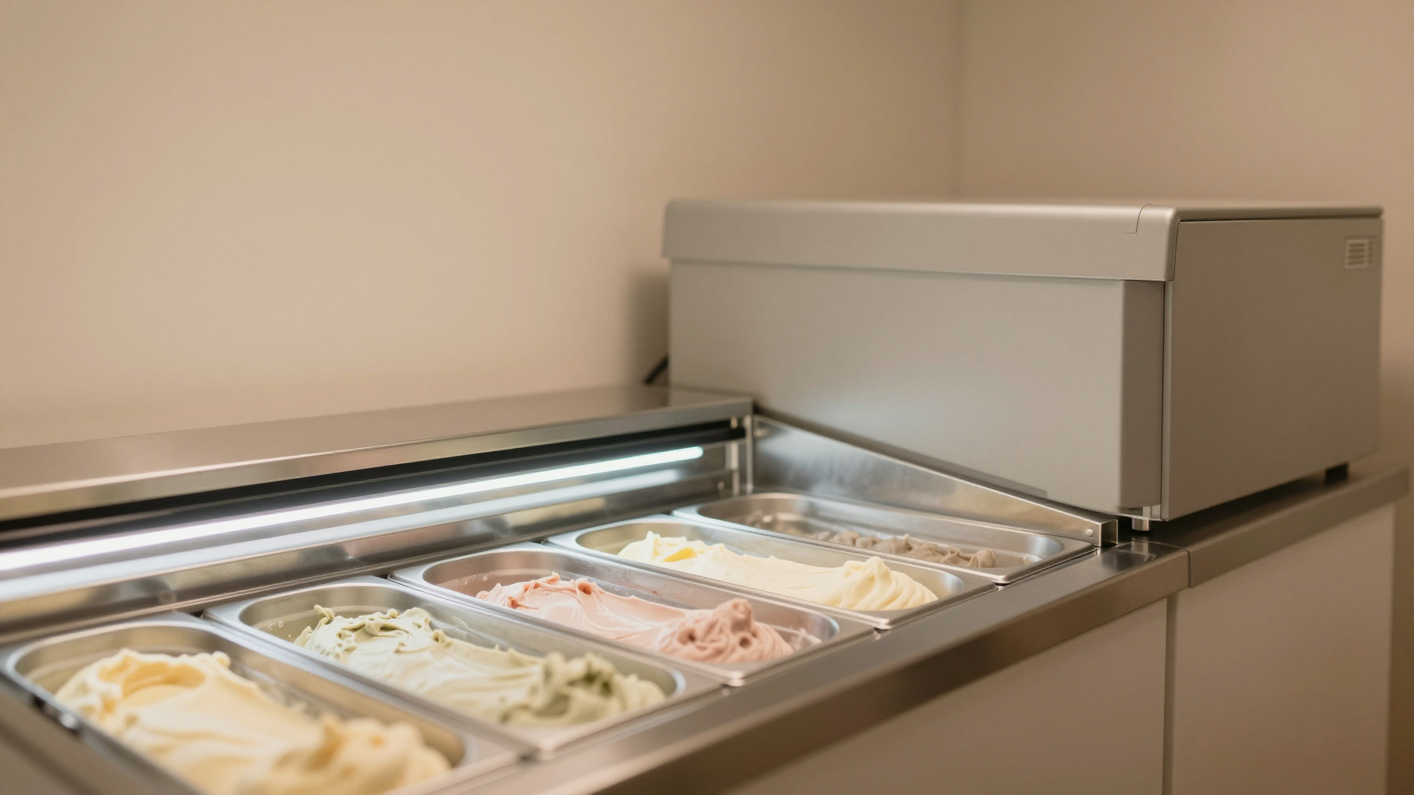 Interior view of a professional blast chiller with multiple gelato trays during abbattimento