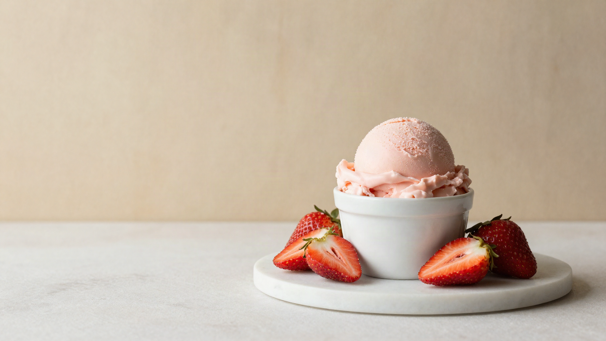 A freshly drawn scoop of pale pink strawberry milk gelato in a small white ceramic cup on marble beside halved fresh strawberries