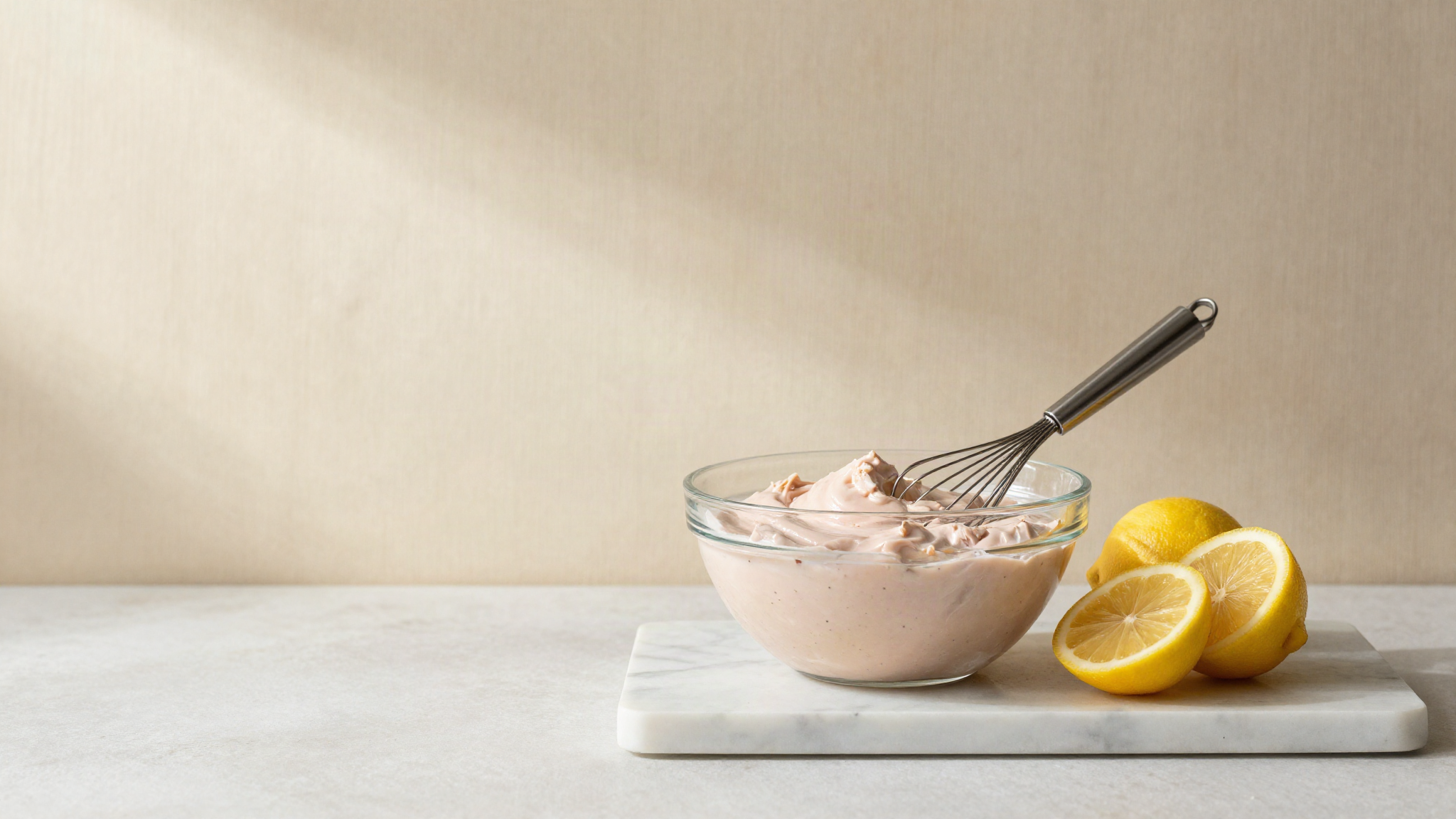 A glass bowl of curdled grainy pale pink dairy mix on marble beside halved lemons and a stainless whisk