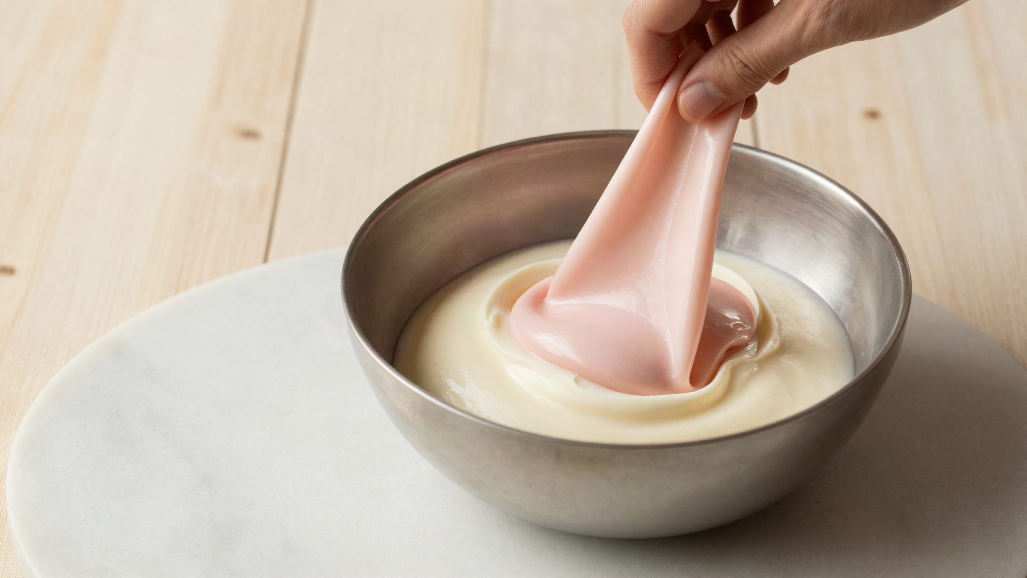 A smooth glossy ribbon of pale pink raspberry variegate being folded into white gelato base in a stainless bowl on marble