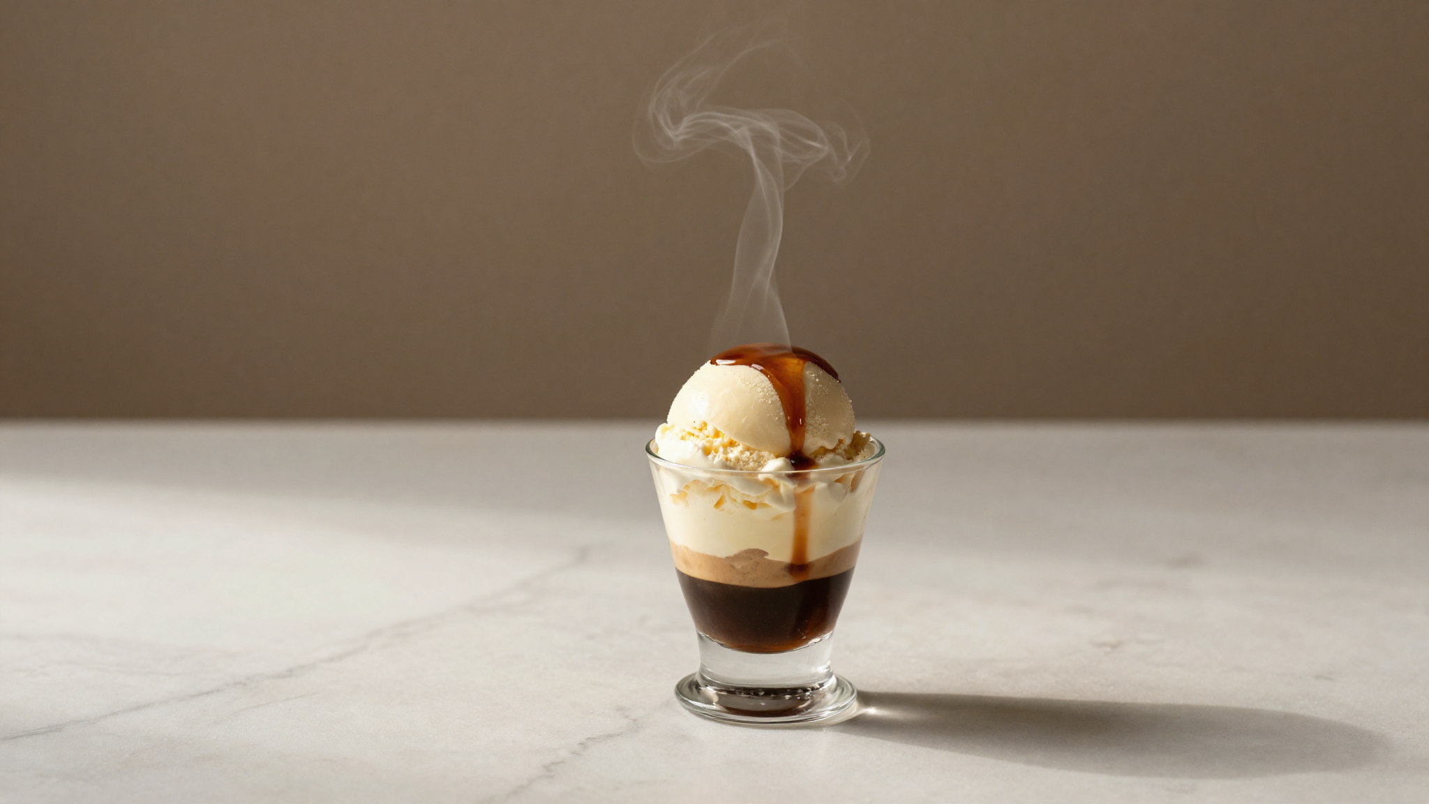 Affogato of fior di latte gelato with a shot of espresso poured over it on white marble