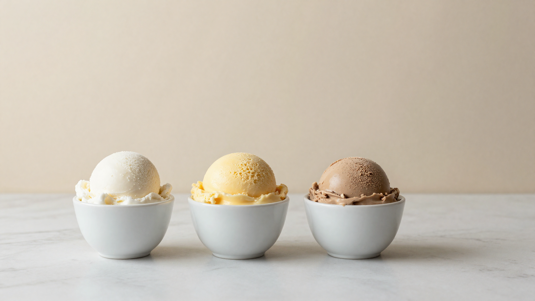 A trio of small gelato scoops on marble showing fior di latte, vanilla custard and hazelnut bases