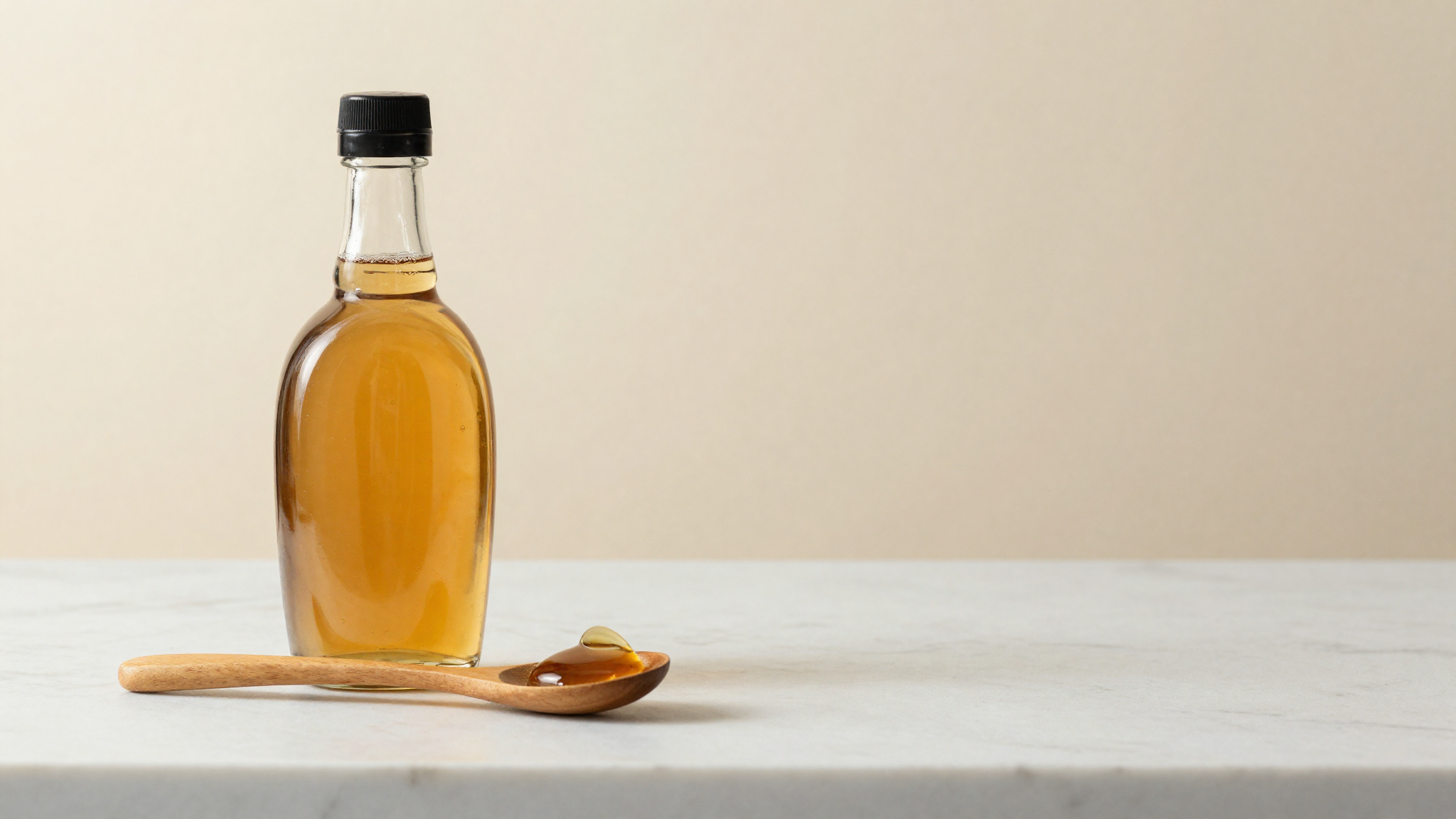 A glass bottle of golden agave syrup with a drizzle on a wooden spoon