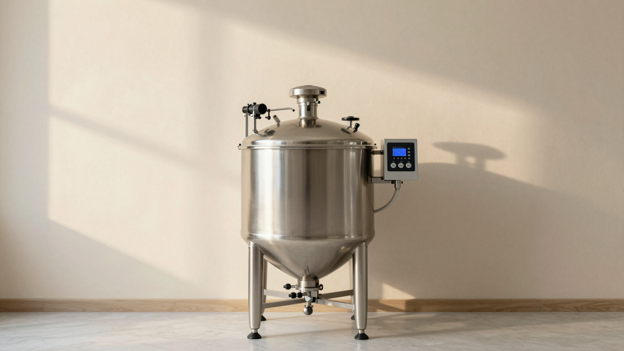 A professional stainless steel gelato ageing maturazione tank in an Italian gelato lab