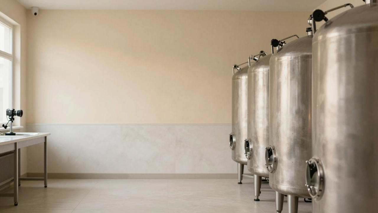 Polished stainless steel refrigerated ageing tanks lined up in an Italian gelato lab