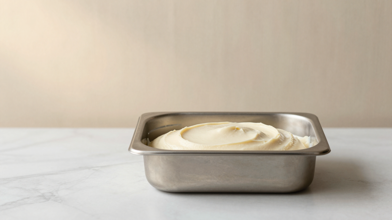 Smooth pale gelato base resting chilled in a stainless container