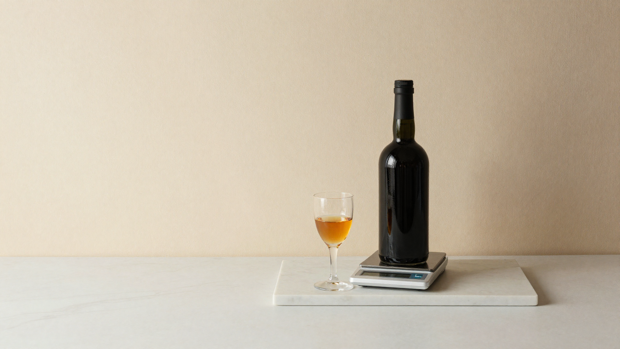A copita glass of grappa and a bottle of liqueur beside a digital scale in a gelato lab