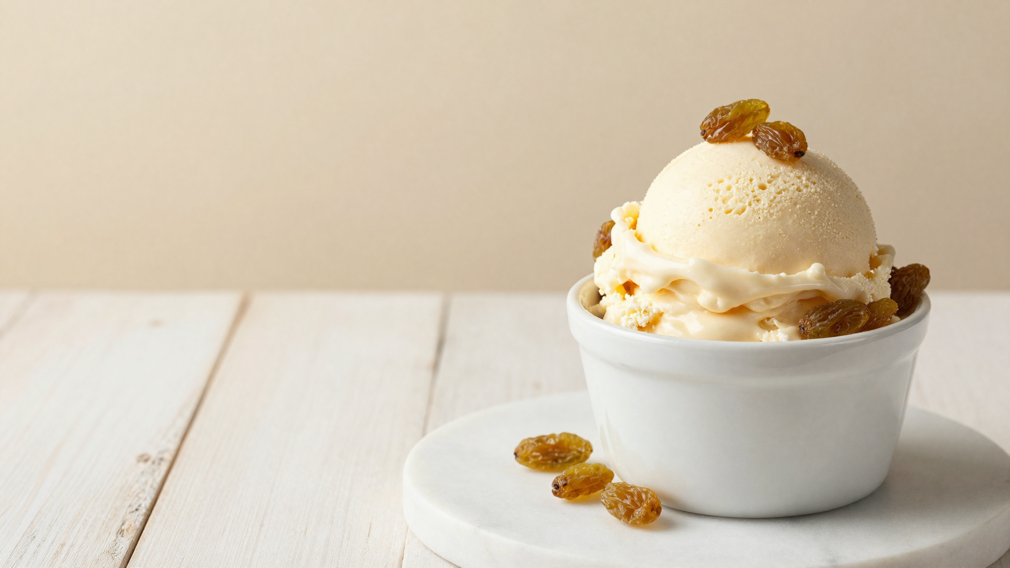 A soft scoop of rum raisin gelato garnished with raisins in a white ceramic cup