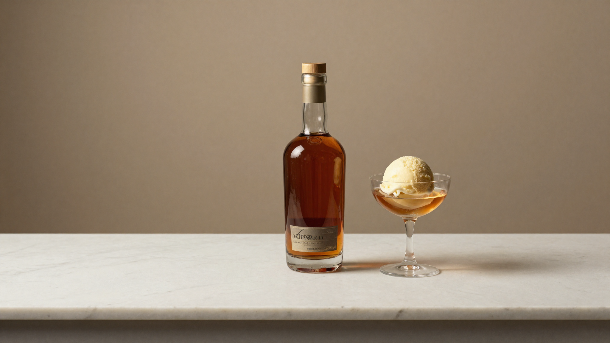 Bottle of rum beside a soft scoop of alcoholic gelato on a marble counter