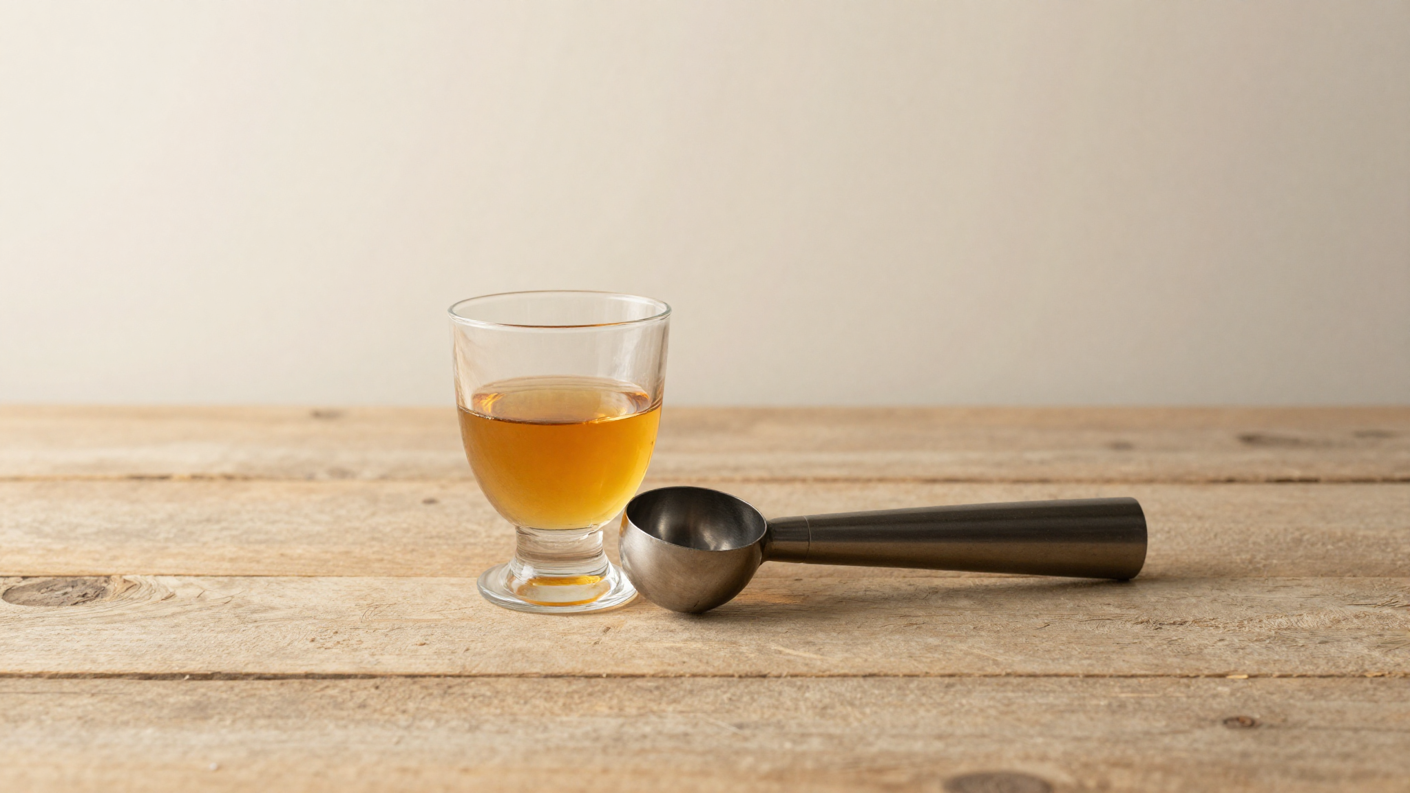 Small glass of amber liqueur beside a steel gelato scoop on aged wood