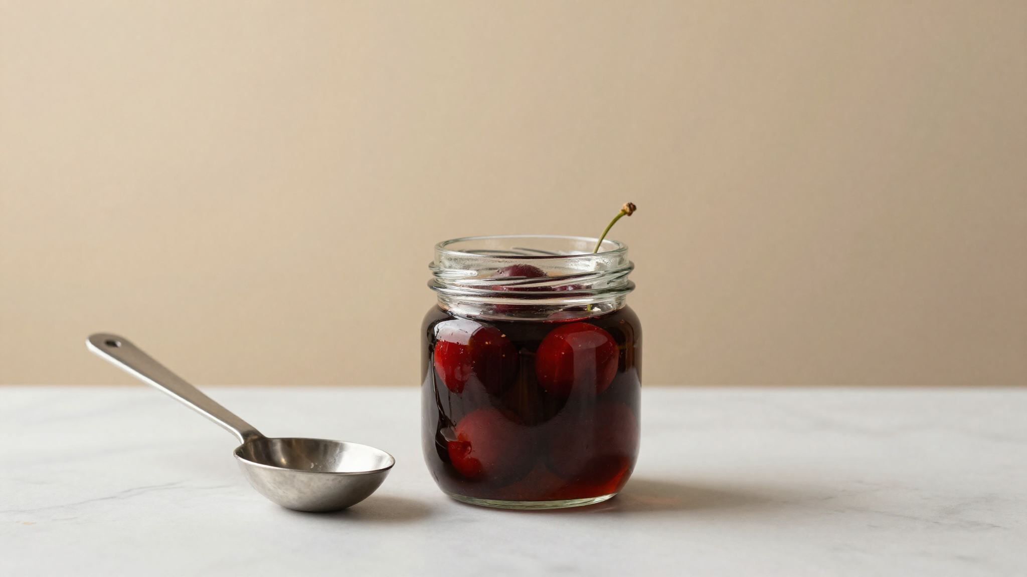 Maraschino-style cherries soaking in liquor in a glass jar next to a steel scoop