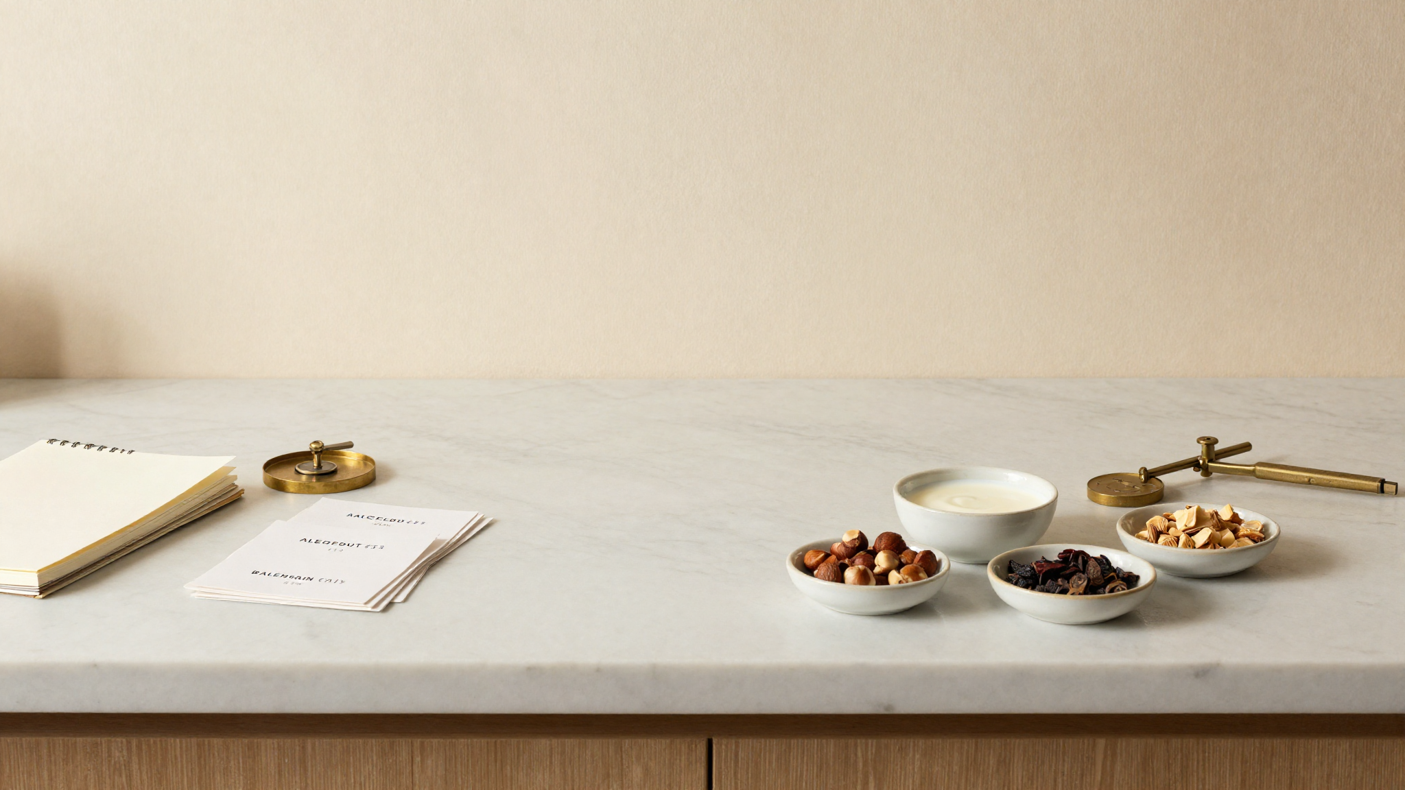 Cover photo of stacked allergen-labelled paper cards next to a notebook and brass jewellers scale on a marble counter