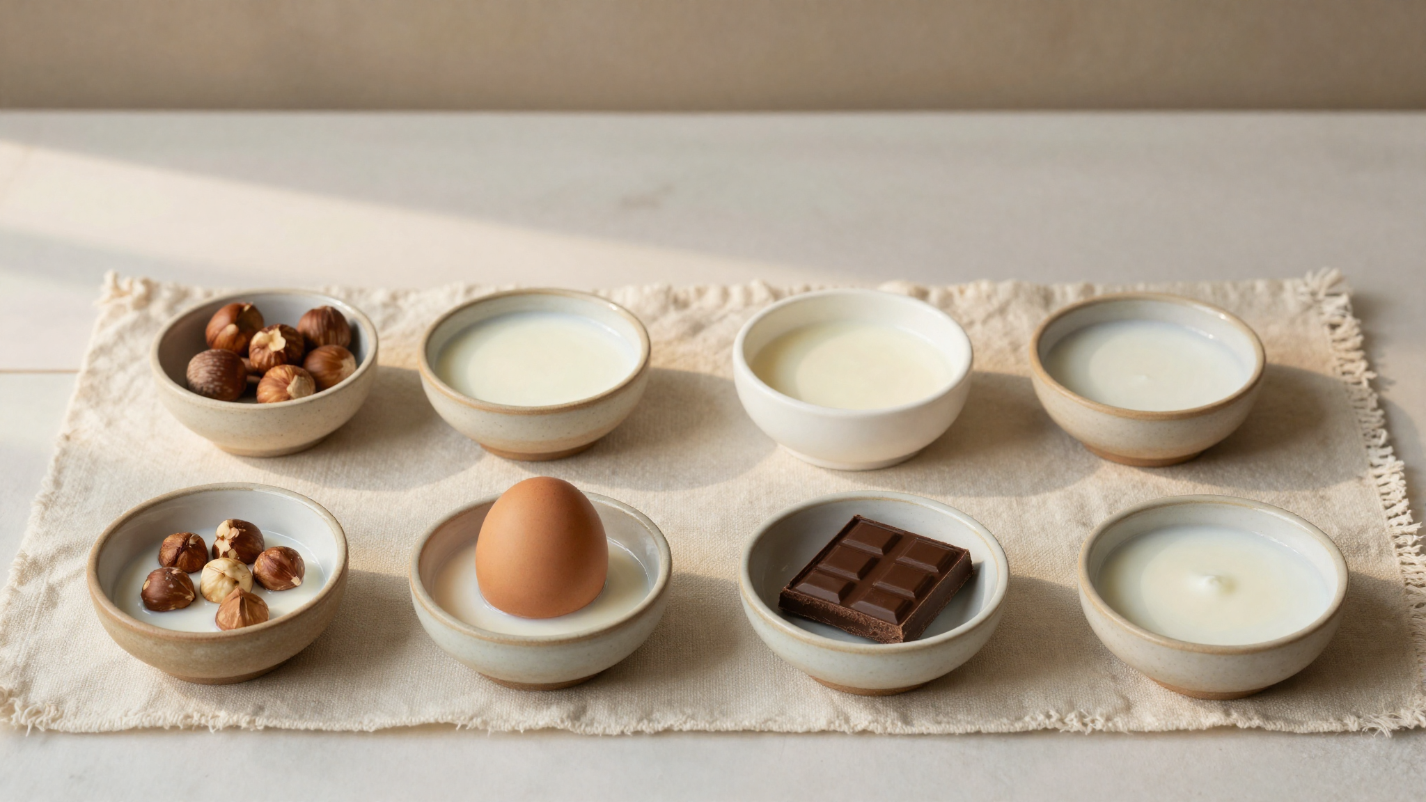 Top down arrangement of small ceramic dishes containing whole milk, shelled hazelnuts, a brown egg, and dark chocolate on cream linen
