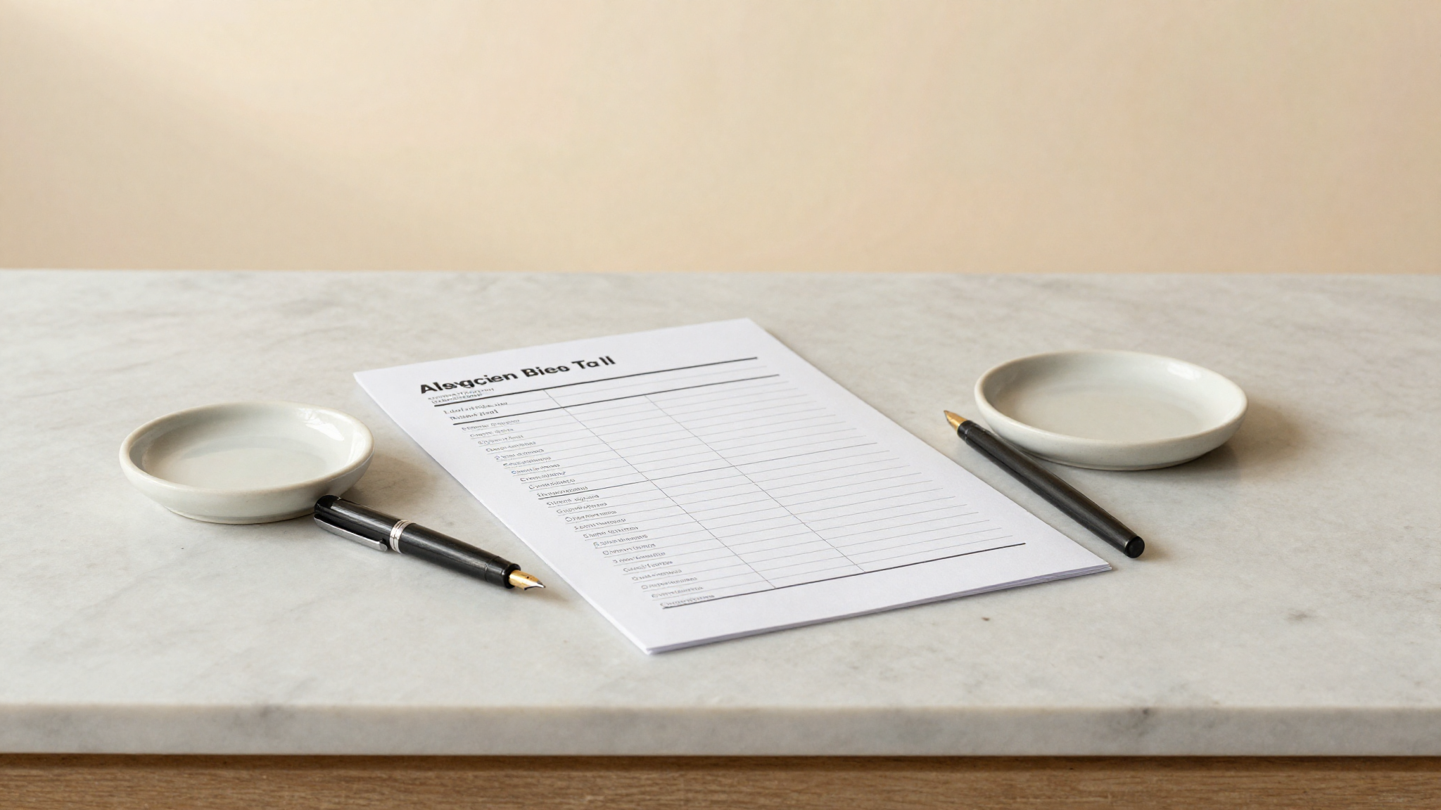 A printed paper allergen declaration sheet on marble next to a fountain pen with abstract simulated label entries