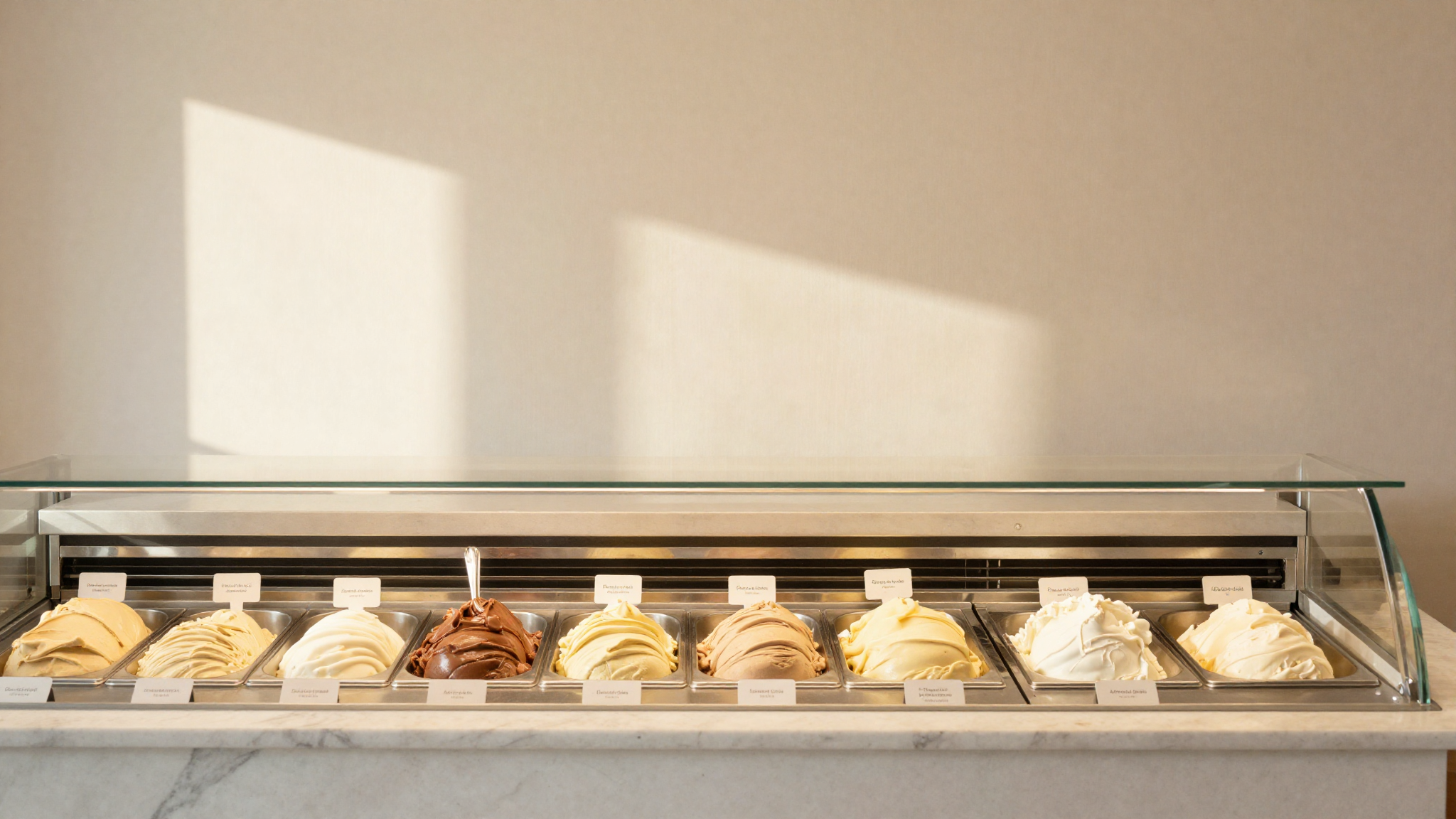 Clean italian gelateria vetrina display showcase with small labelled paper tags propped behind each gelato pan under soft showcase lighting