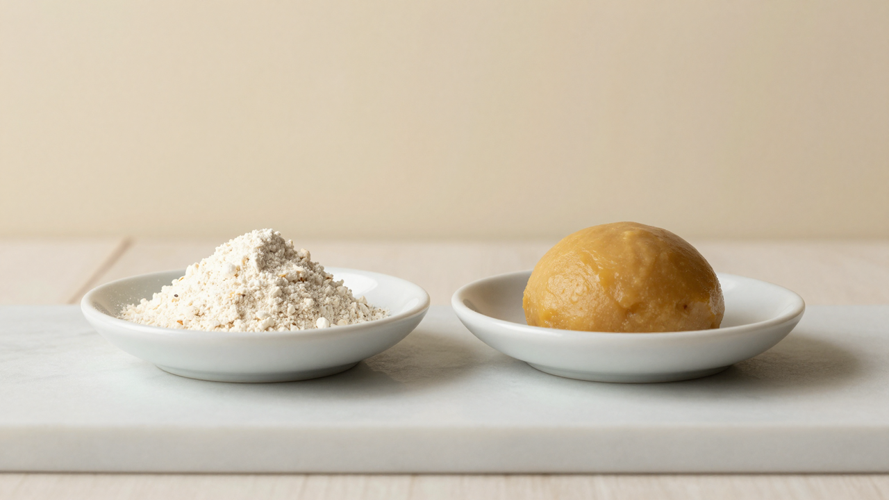 Two white ceramic dishes side by side on marble, one with almond flour and one with almond paste