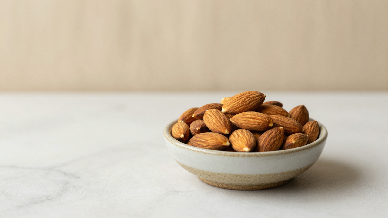 A small ceramic bowl of blanched whole almonds on a marble surface