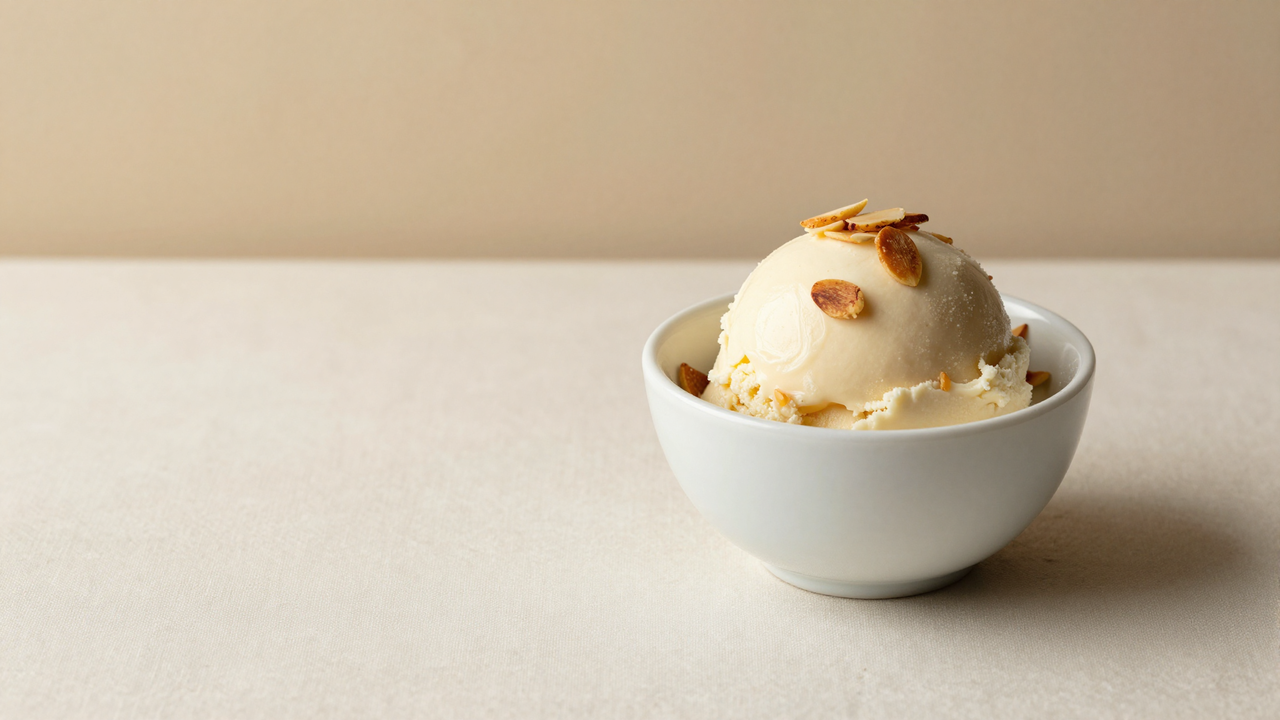 A refined serving of pale almond gelato in a white ceramic cup garnished with slivered almonds
