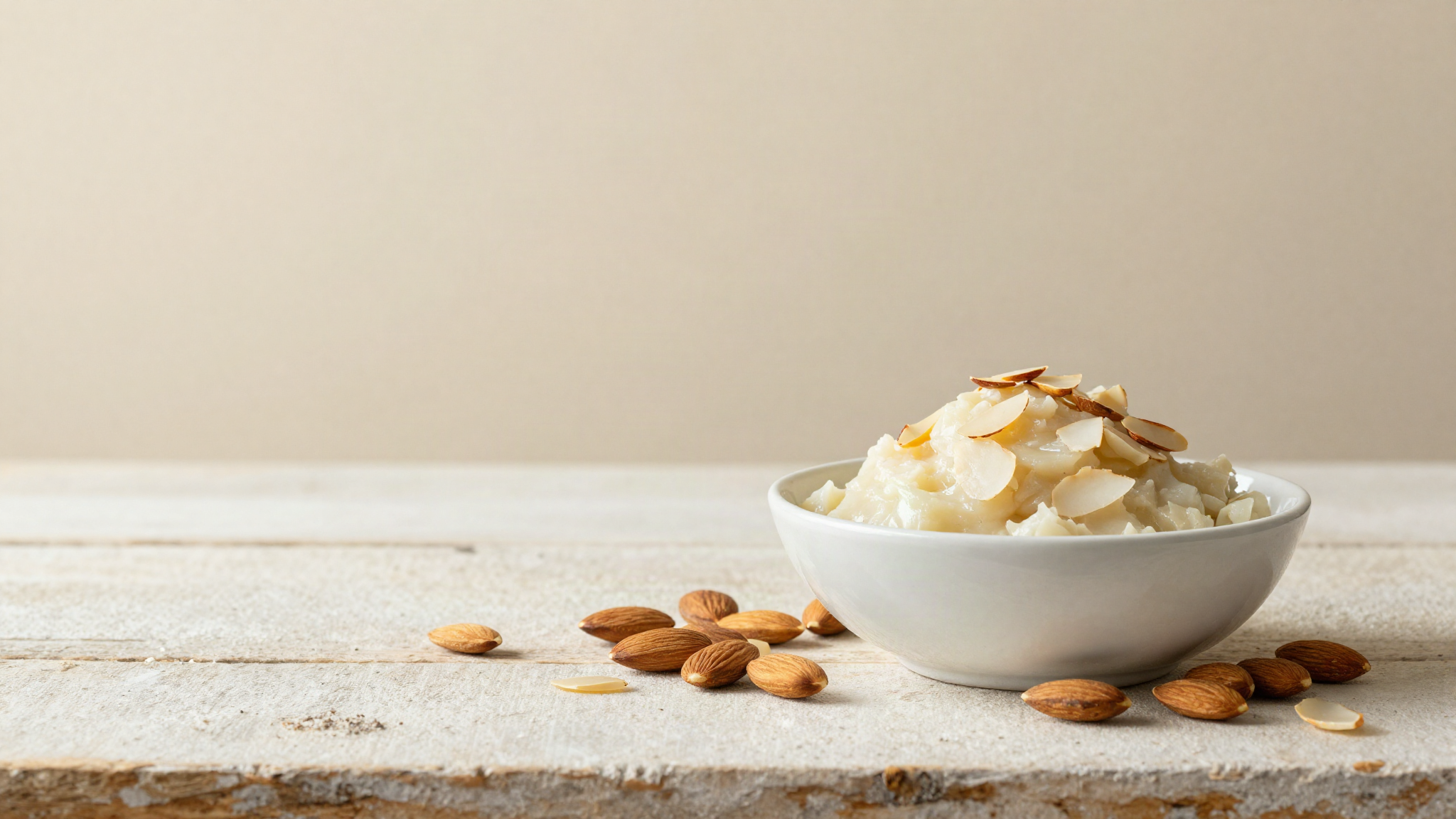 A bowl of dense Sicilian almond paste beside blanched whole almonds on aged wood