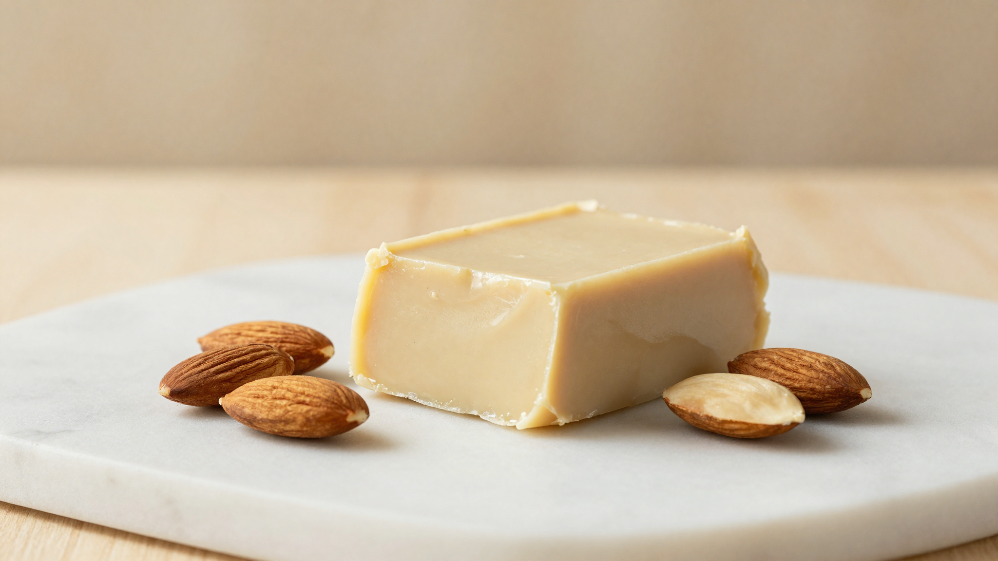 Glossy block of pale ivory almond paste partly cut, blanched almonds beside it on marble