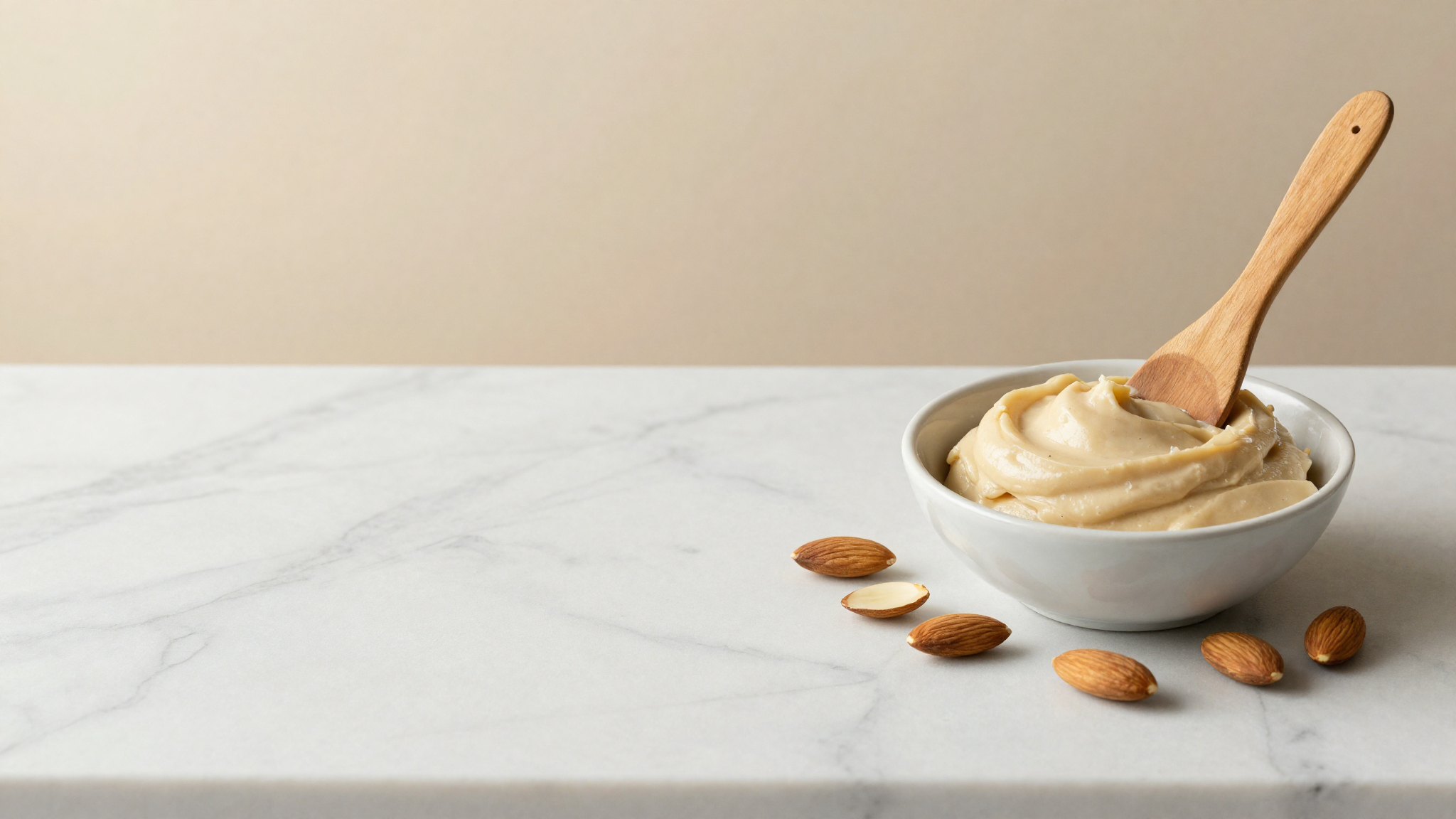 Top-down small bowl of pale ivory almond paste with a wooden spatula, blanched almonds nearby on marble