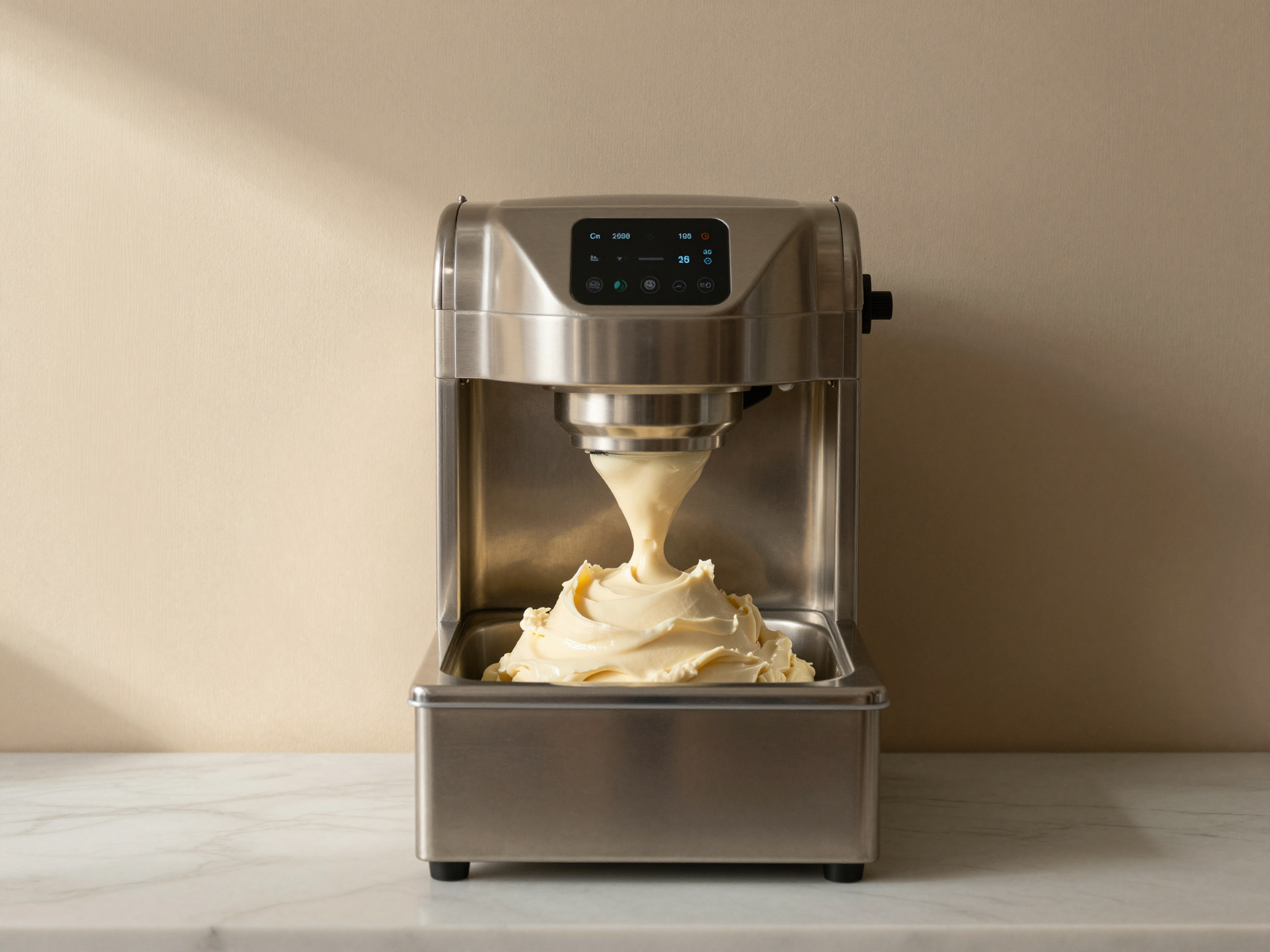 Freshly churned pale cream gelato extruded from a stainless mantecatore