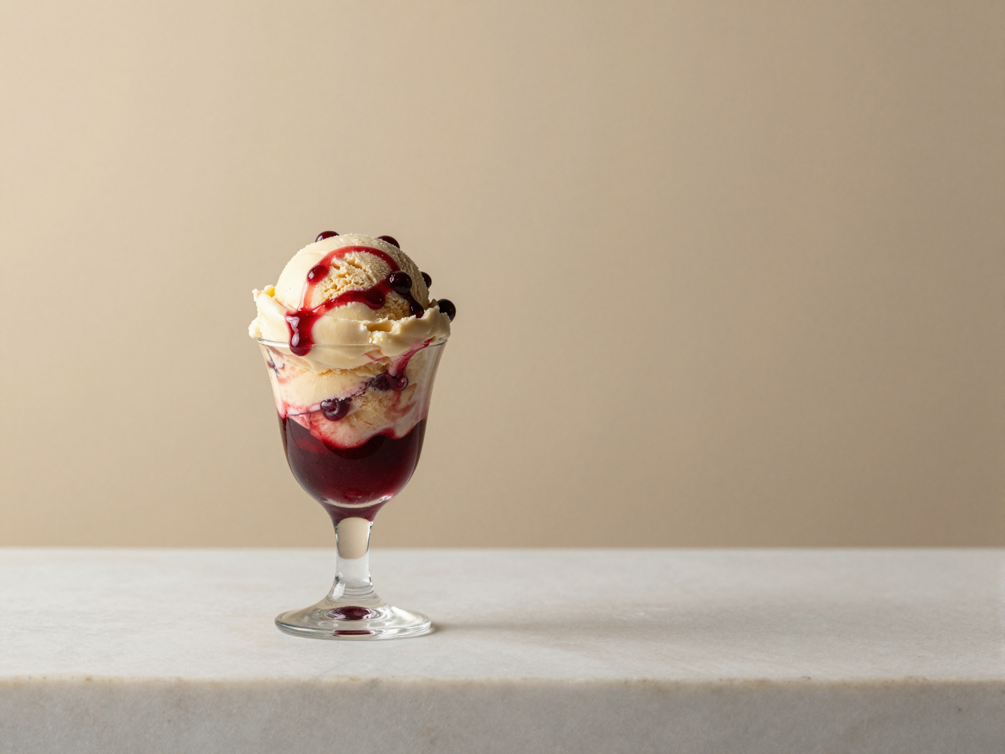 Amarena cherry variegato gelato in a tall narrow glass with a visible ruby syrup swirl running through