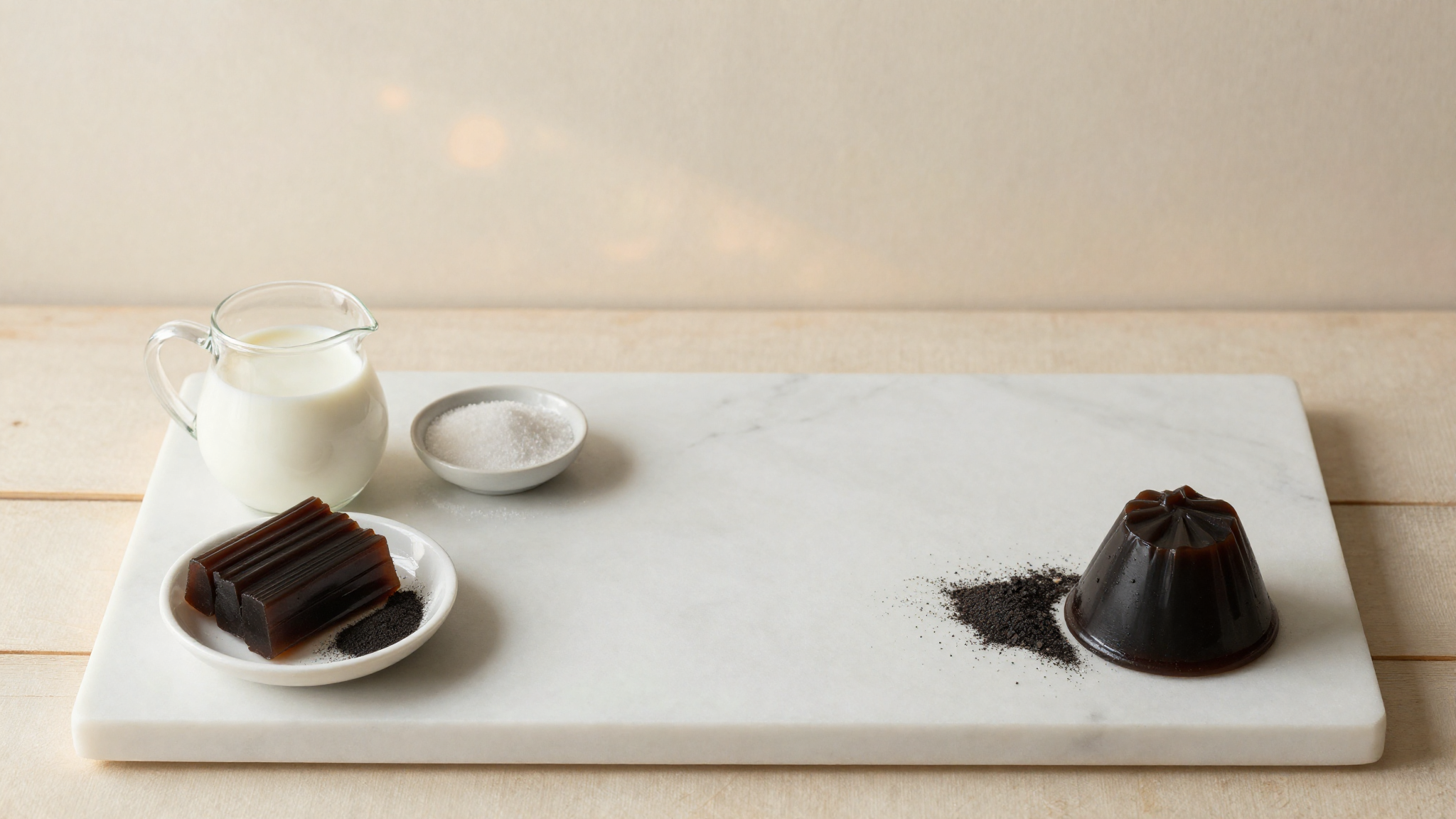 Black licorice gelato base ingredients on marble: a block of pure licorice extract, milk, sugar, and a dusting of black licorice powder