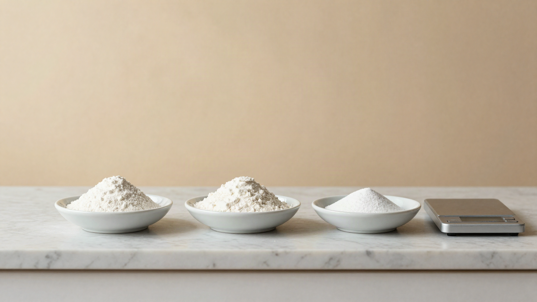 Three small dishes of different fine white starch powders in a row beside a digital scale