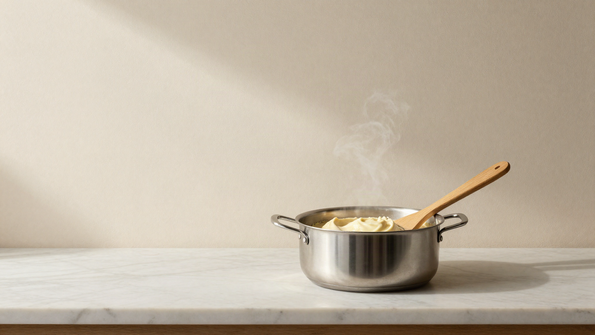 A saucepan of thick pale gelato base coating the back of a wooden spatula