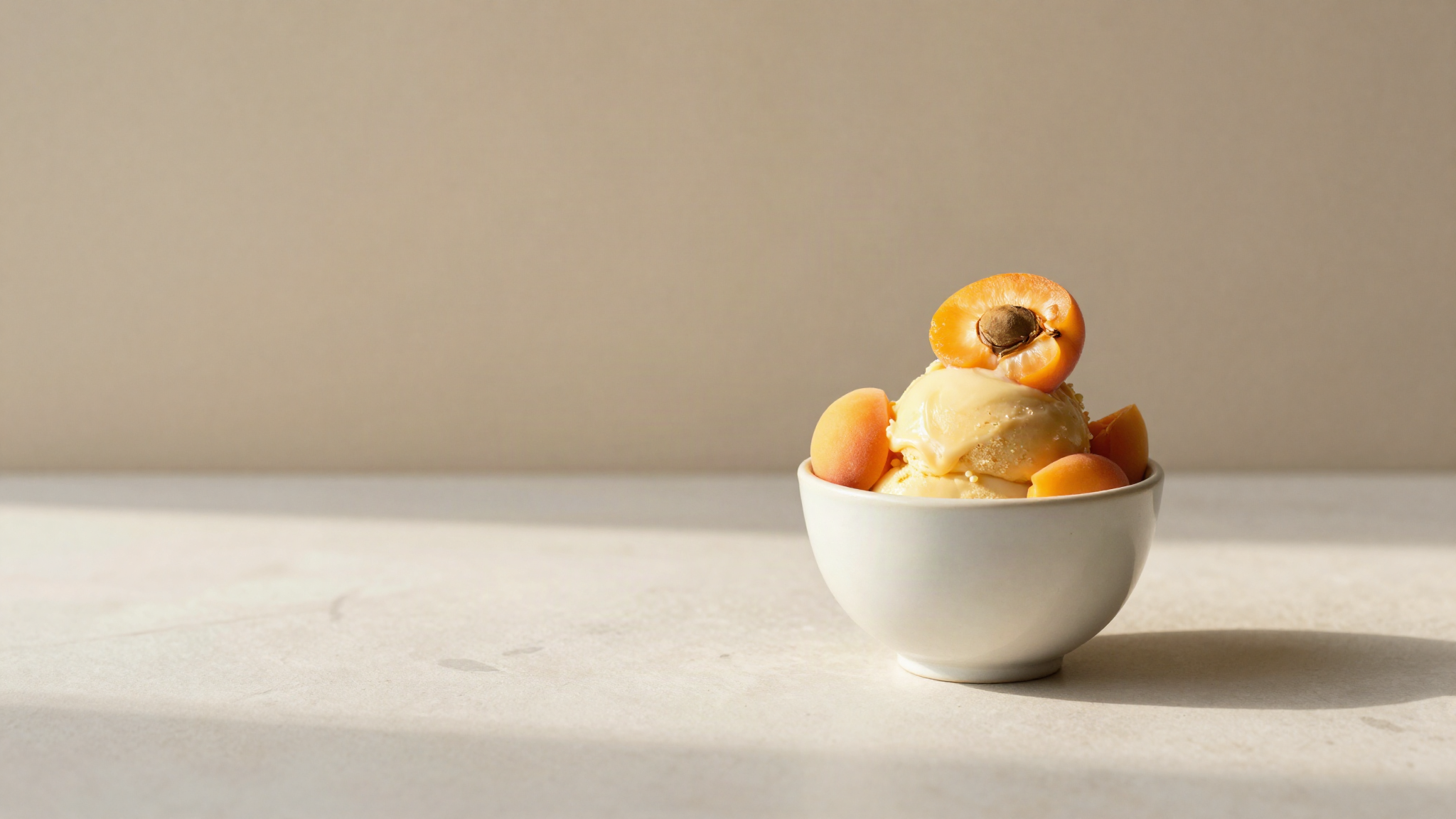 A serving of pale orange apricot gelato in a ceramic cup garnished with a fresh apricot half