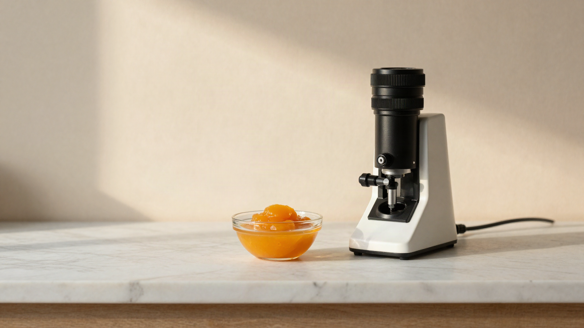 A glass bowl of orange apricot puree beside a handheld optical refractometer for a Brix reading