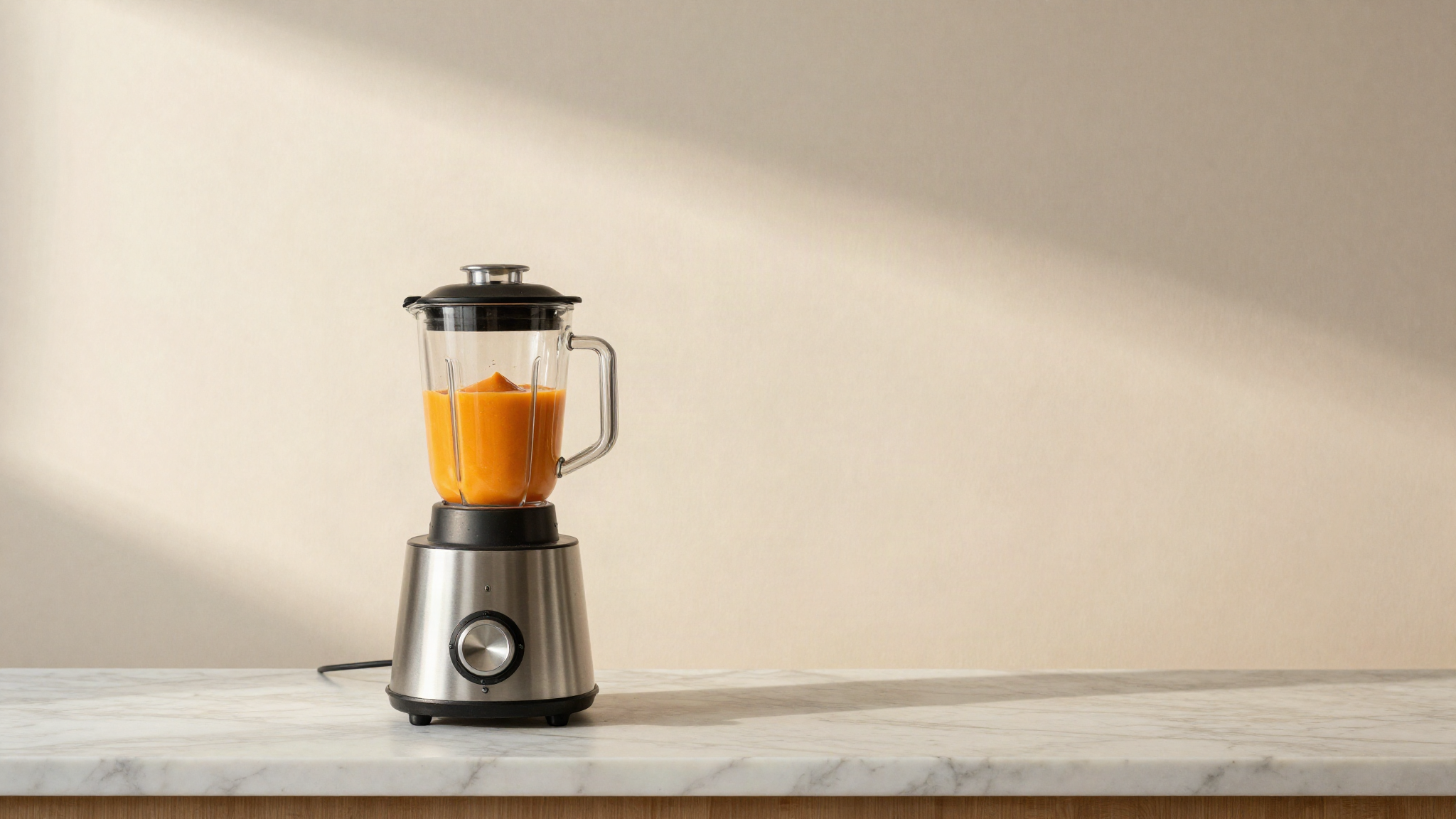 Smooth orange apricot puree in a tall stainless blending jug on a marble counter