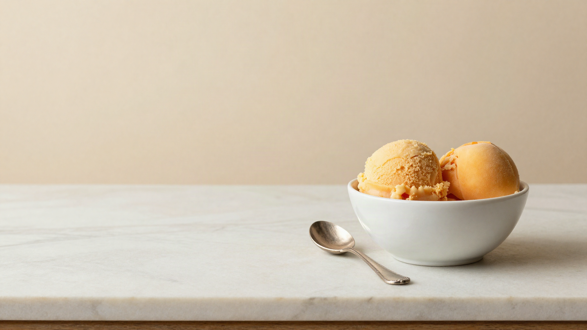 Two scoops of pale orange apricot gelato in a white ceramic cup with a vintage spoon