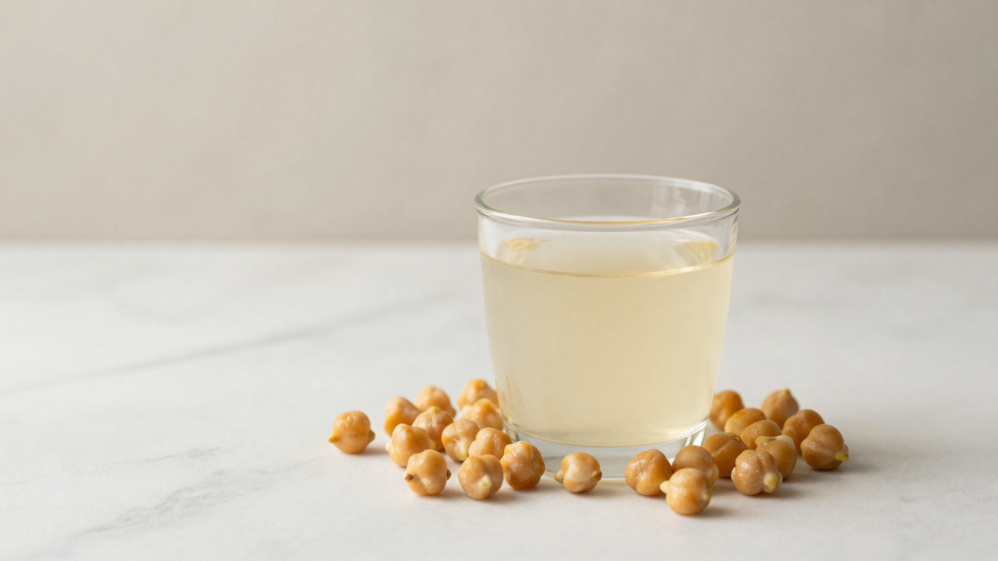 A small glass of pale aquafaba beside cooked chickpeas on a marble surface
