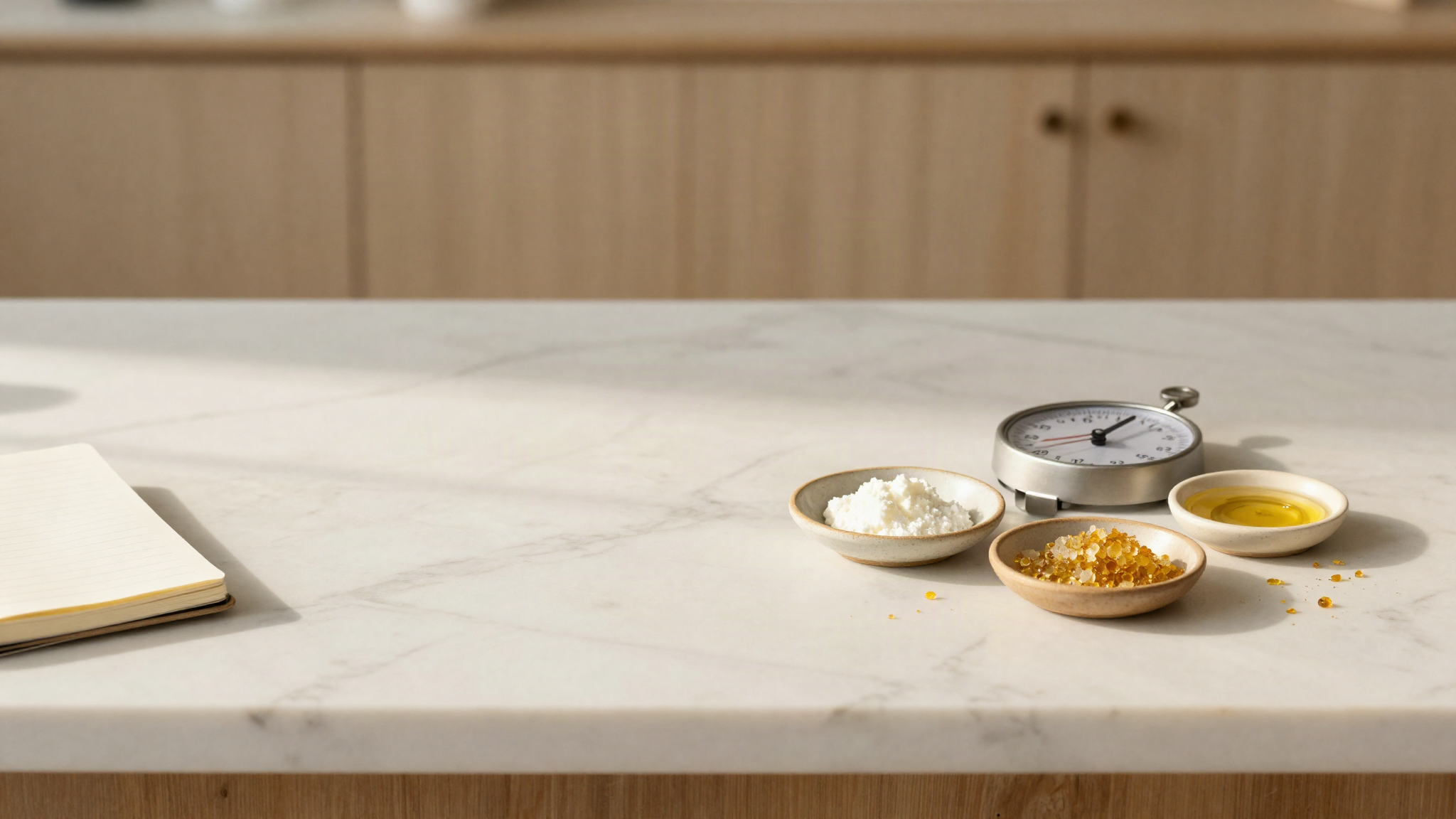 A marble counter seen from above with a notebook, a tiny scale and small ceramic dishes holding white emulsifier flakes and golden lecithin granules
