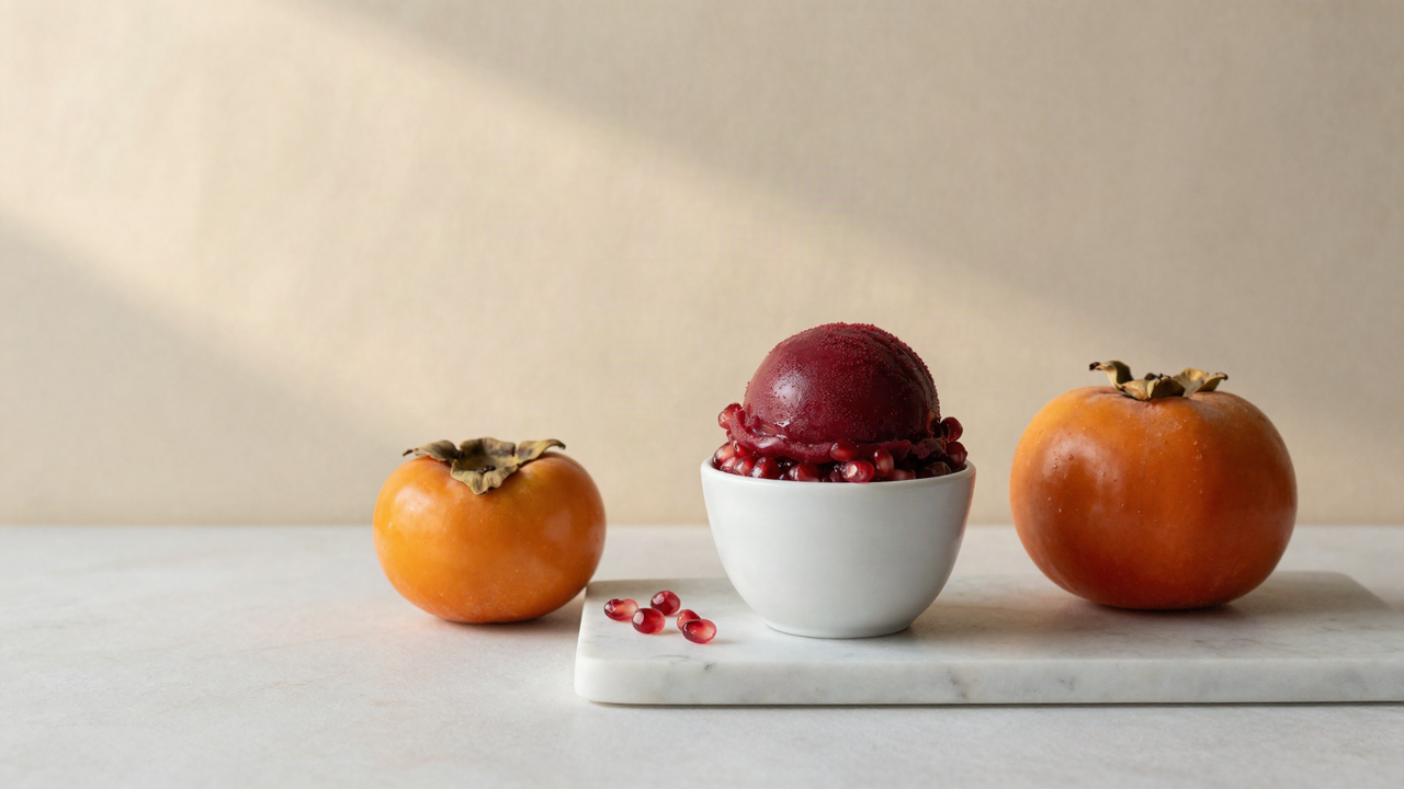 A scoop of deep red pomegranate sorbet in a white ceramic cup on marble beside a firm persimmon and a few pomegranate seeds
