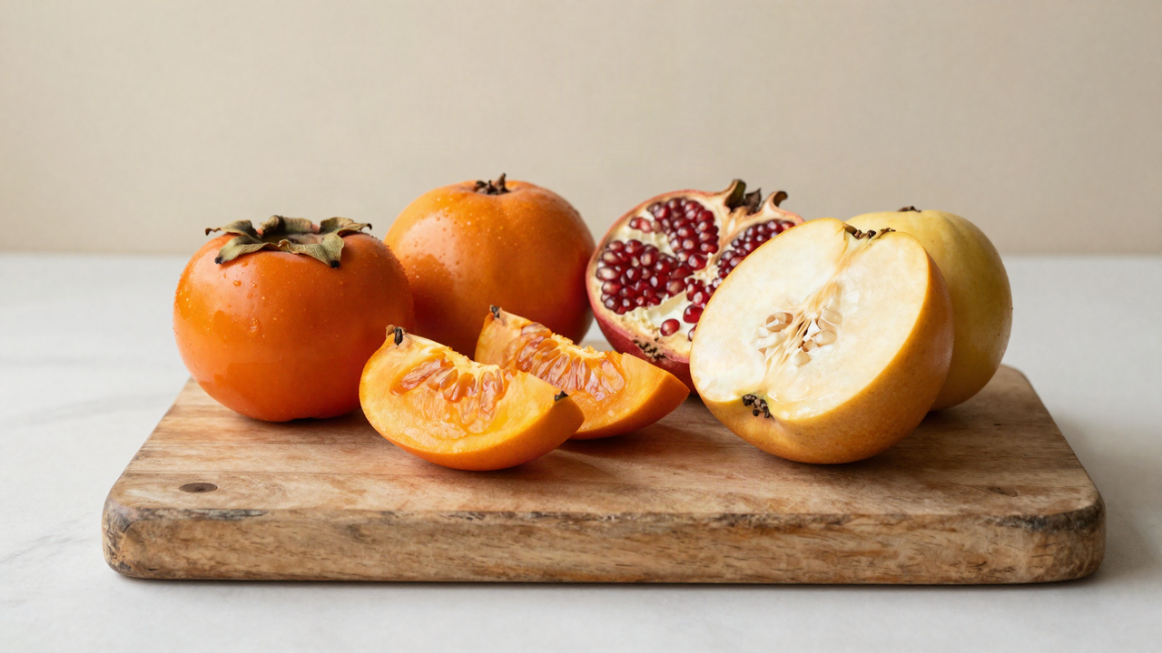 Sliced firm orange persimmons, a halved pomegranate and a cut quince arranged on an aged wooden board