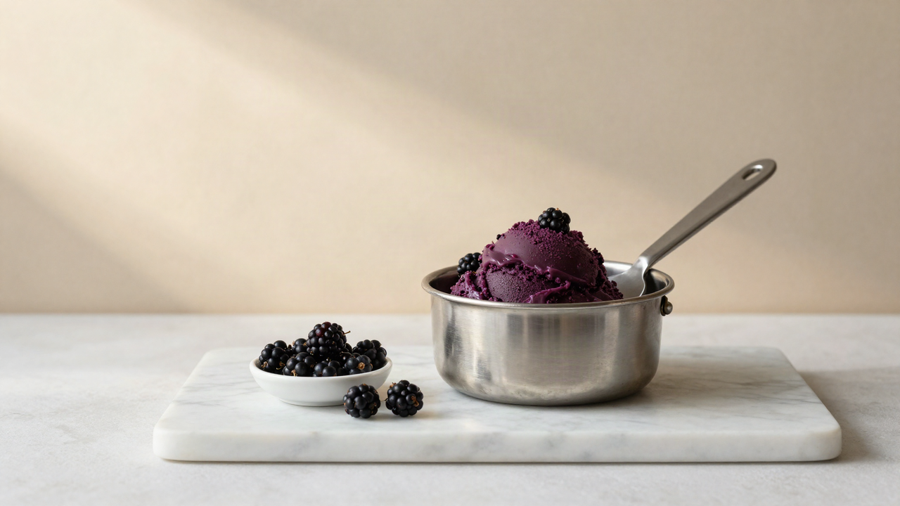 A stainless steel pan of dark berry sorbet with a flat spatula and a small bowl of fresh dark berries on white marble