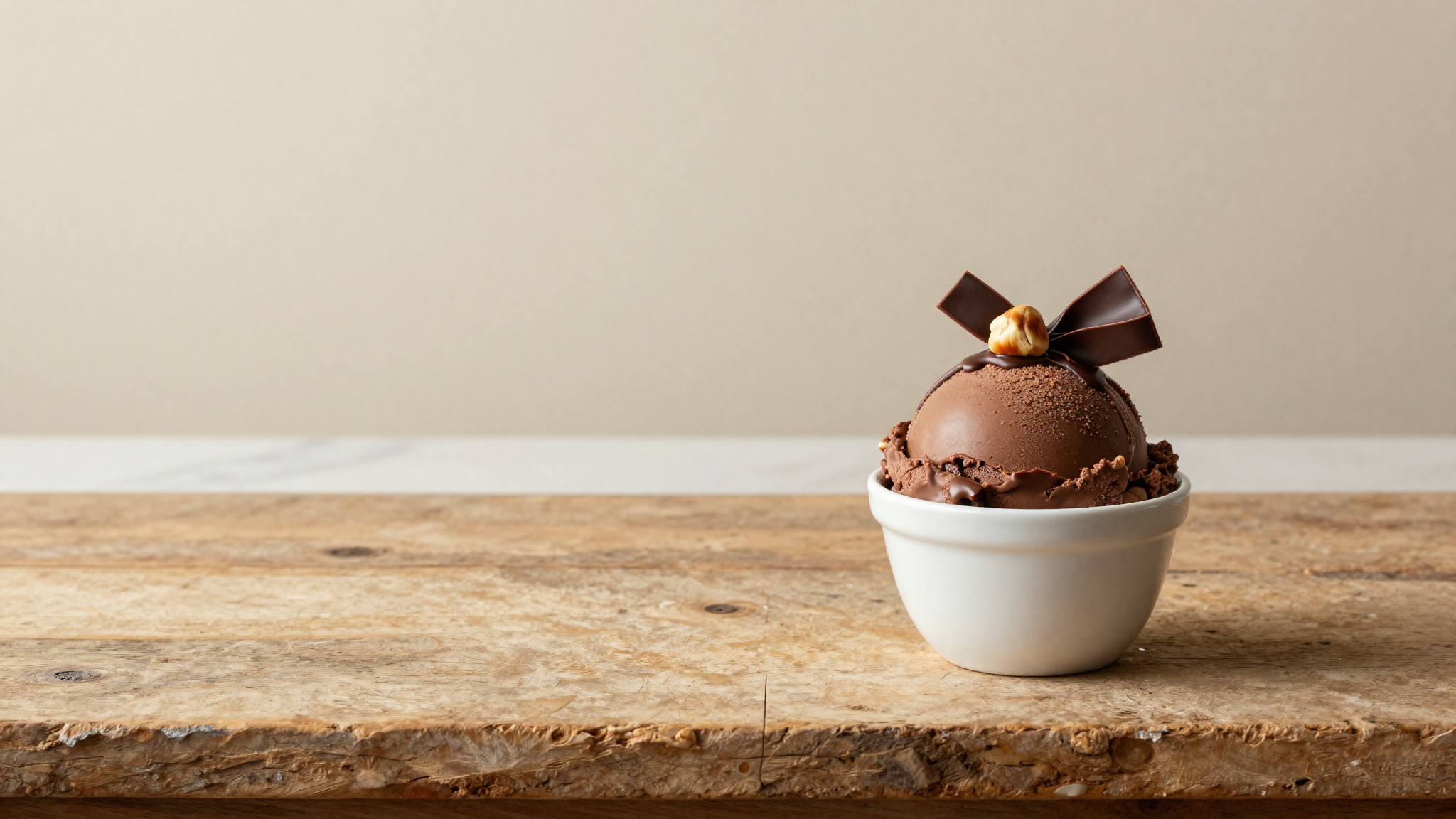 Finished bacio gelato — chocolate-hazelnut scoop in white ceramic cup topped with a whole hazelnut and a glossy ribbon of dark chocolate, italian artisan presentation