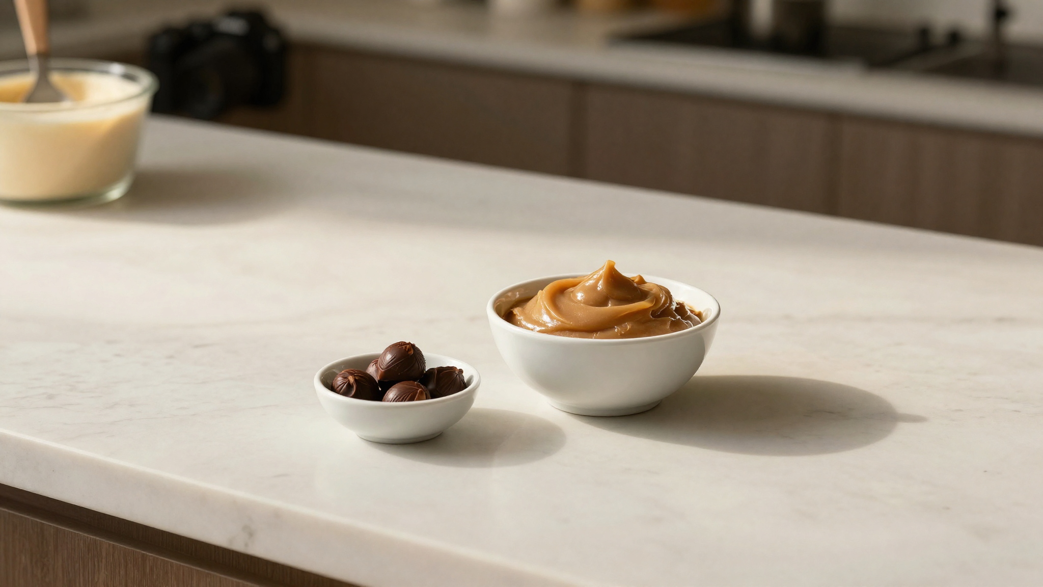 Ingredients for bacio gelato — bowl of piedmont hazelnut paste beside dark chocolate couverture buttons on white marble