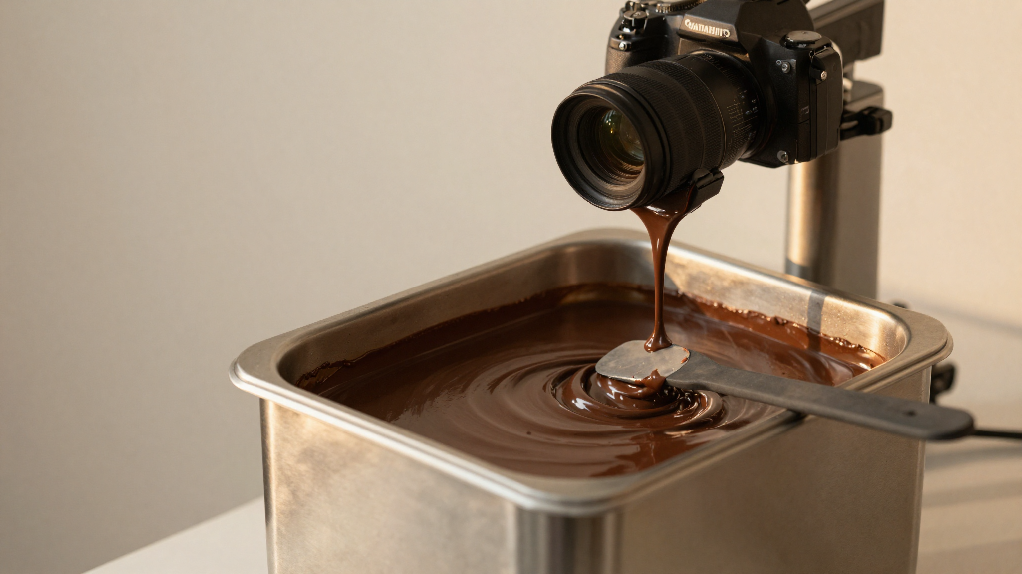 Dark chocolate couverture melting at 45 C in stainless bain-marie with silicone spatula resting at side