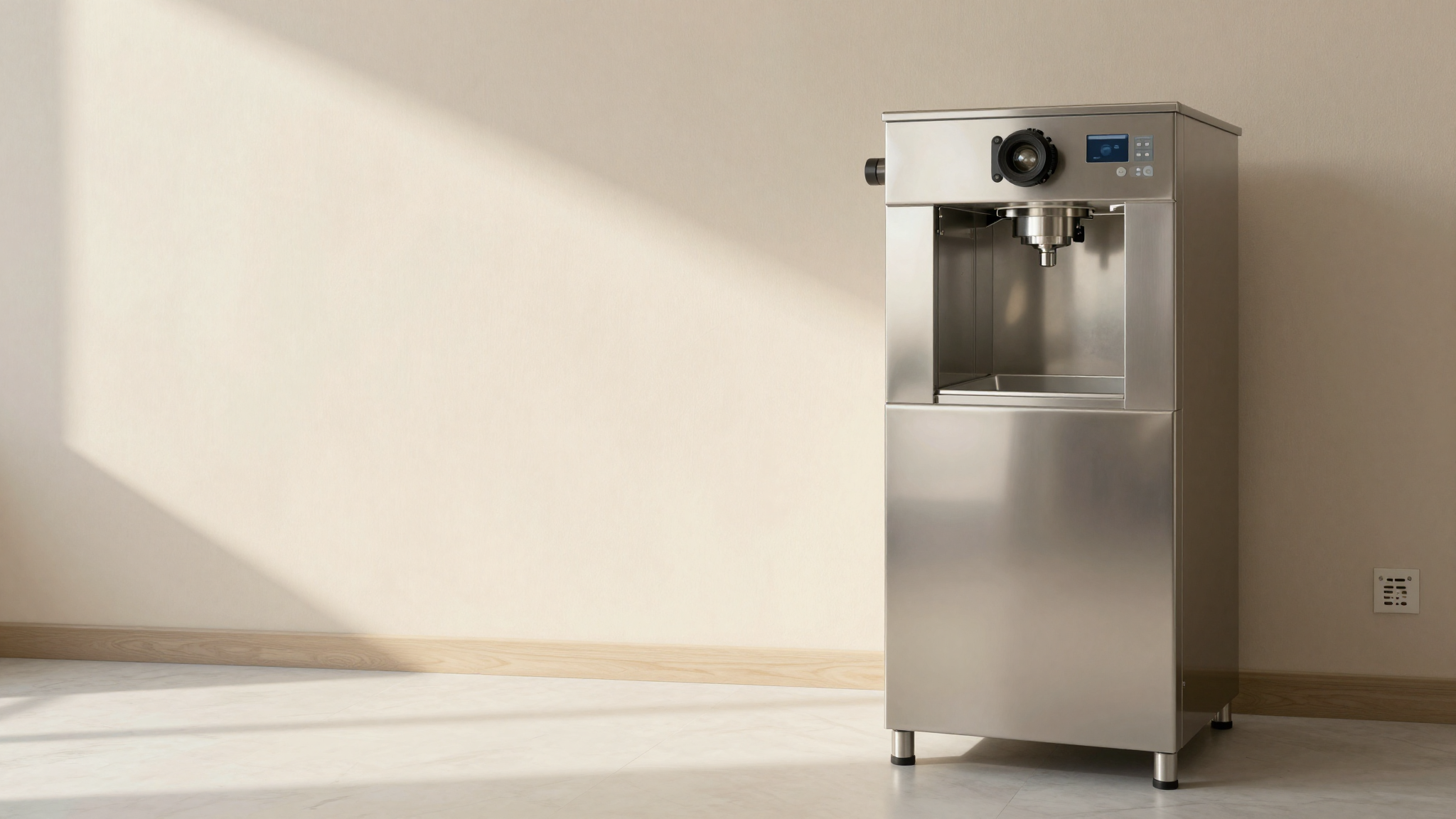 A stainless-steel vertical batch freezer in a clean Italian gelato lab
