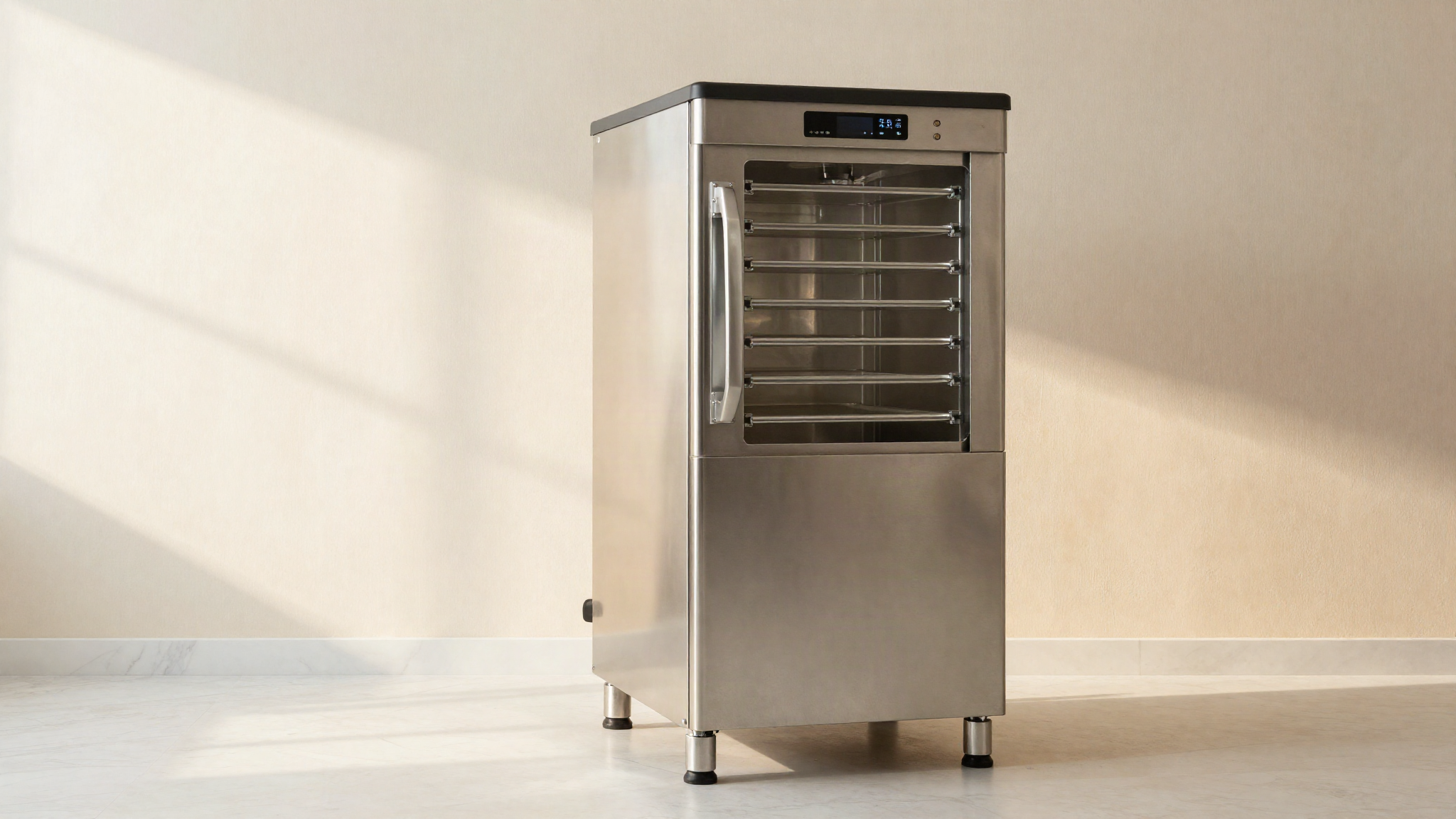 A professional vertical batch freezer in a clean italian gelato lab with polished stainless steel panels