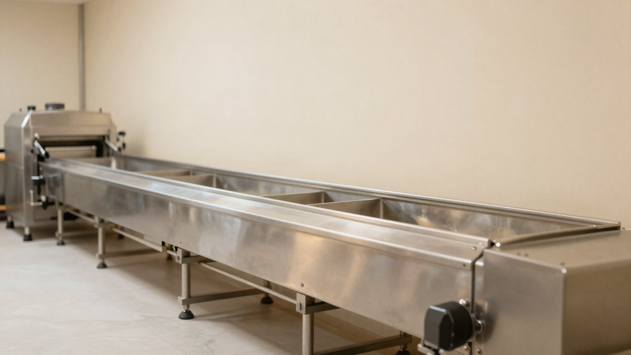 A long stainless steel continuous freezer production line in an industrial gelato plant