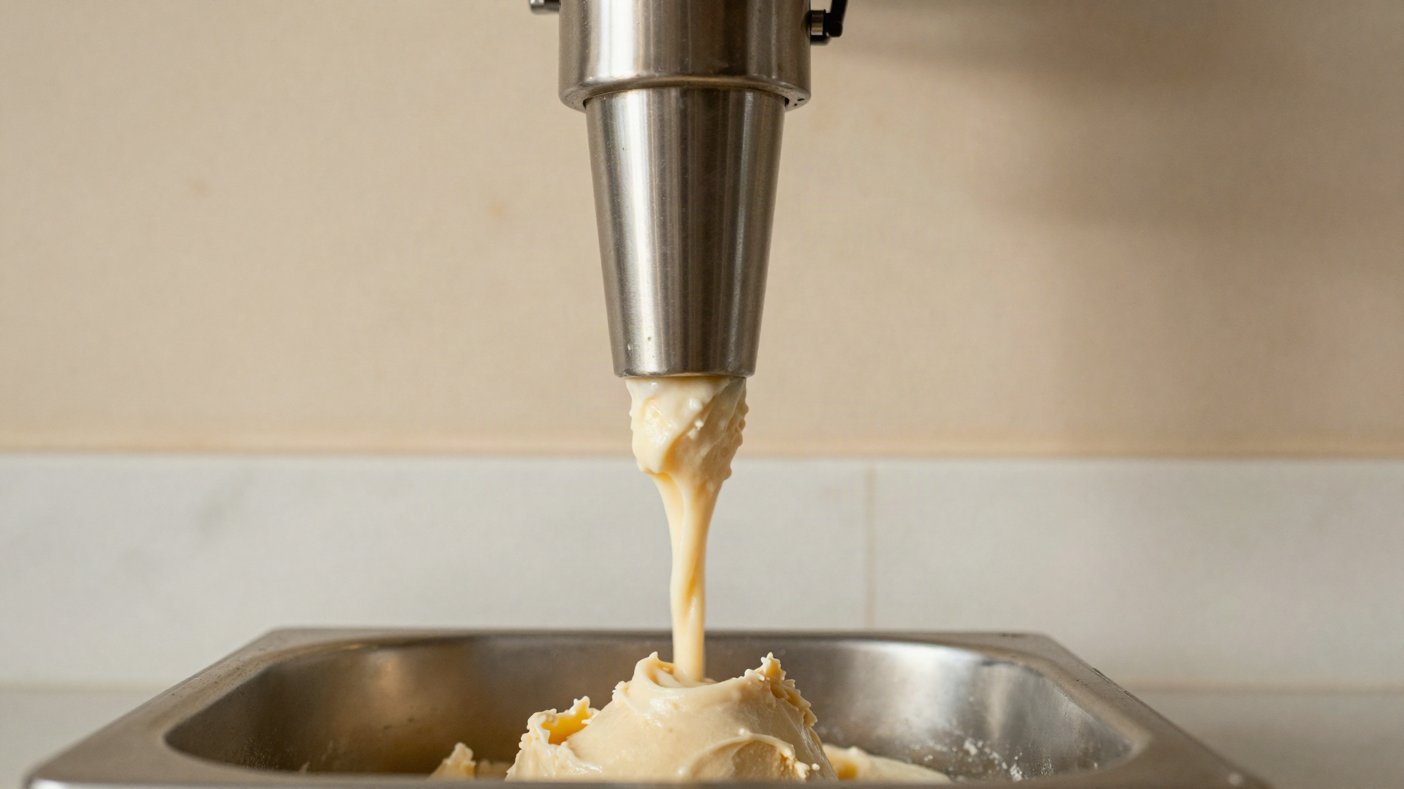Close-up of a stainless steel batch freezer extraction spout with fresh pale gelato falling into a pan below