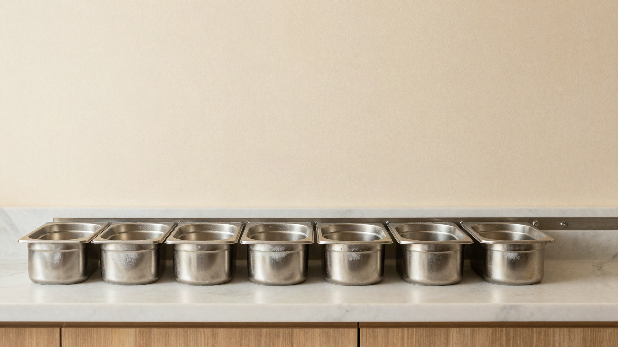 A row of stainless steel gelato pans on a rack in a blast chiller with frost on the metal