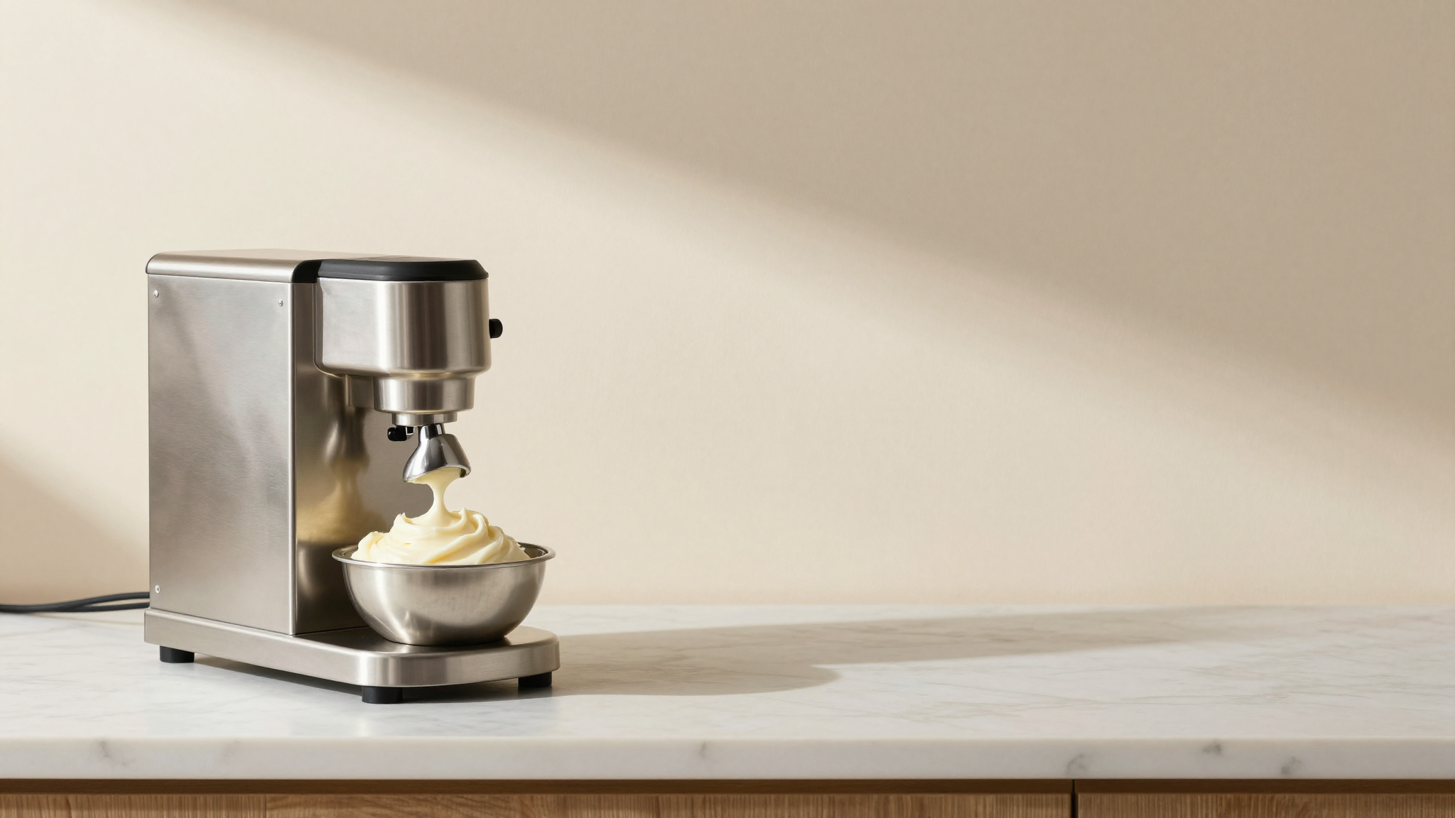 A compact countertop italian gelato machine in stainless steel with a small bowl of fresh creamy gelato just churned beside it on a clean kitchen counter