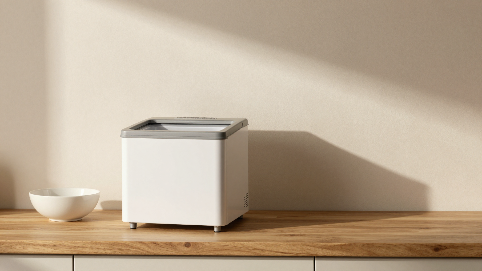 A small premium freezer style gelato machine with a built-in compressor seen from a slightly elevated angle on a wooden kitchen counter