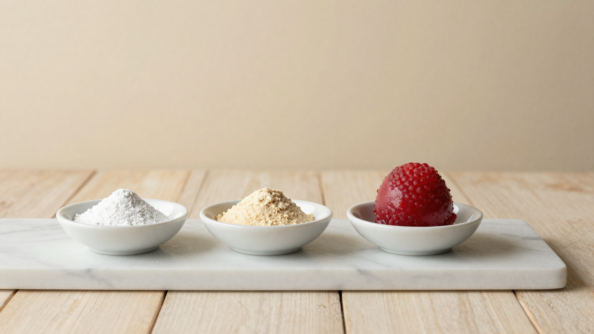 Three dishes on marble showing pectin, locust bean gum and tara gum beside a fruit sorbetto